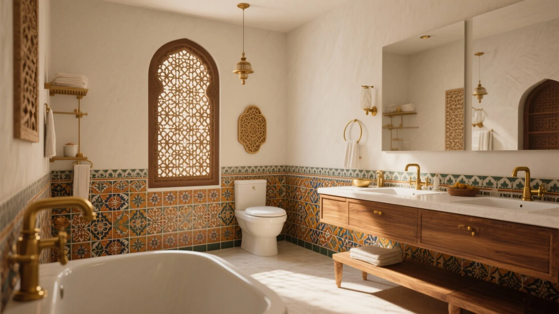 Indian style bathroom with pattern wall tiles wood cabinet white bathtub toilet and gold fixtures