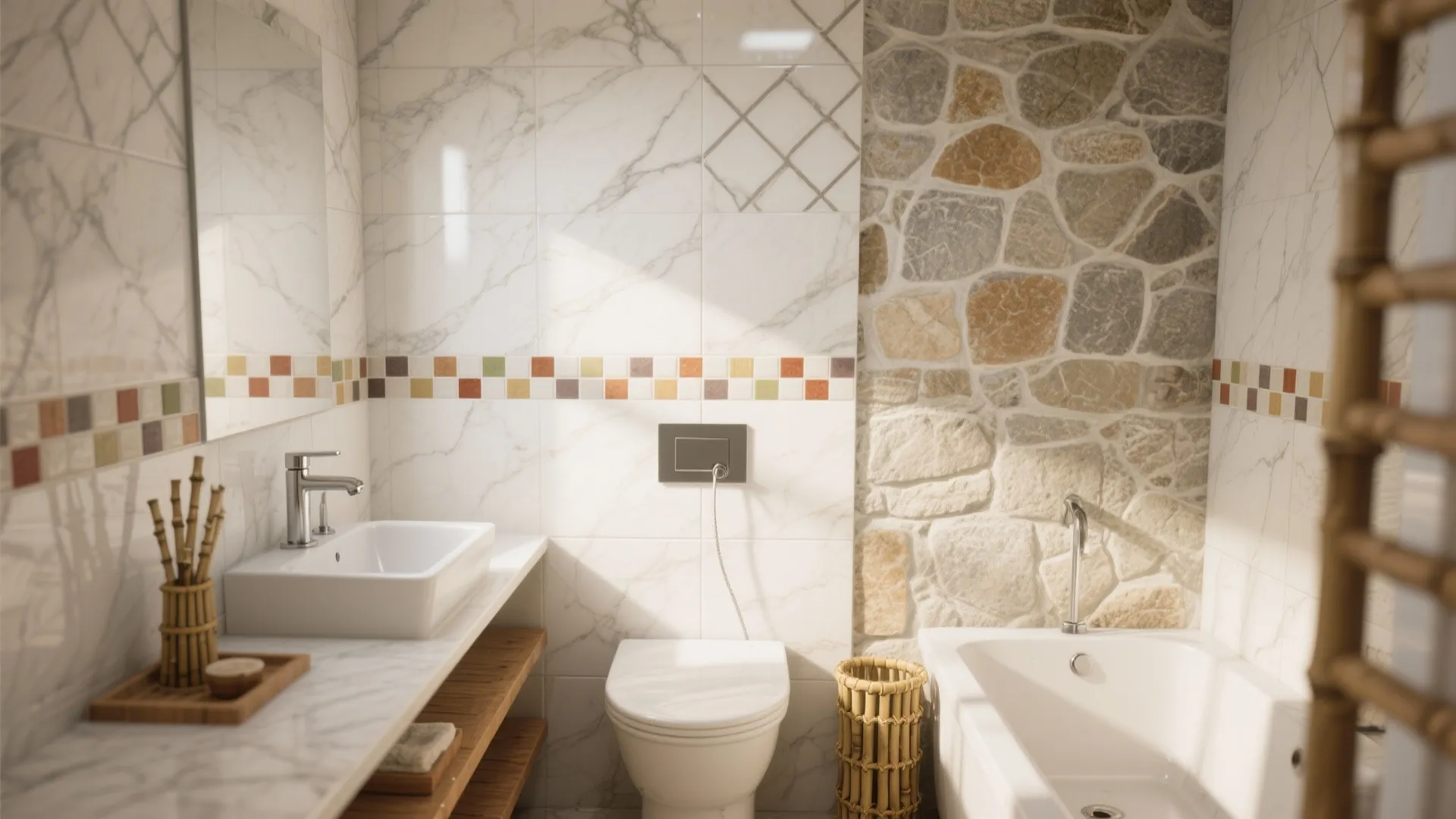 Modern bathroom featuring stone wall texture white toilet square sink wooden shelves and a white bathtub