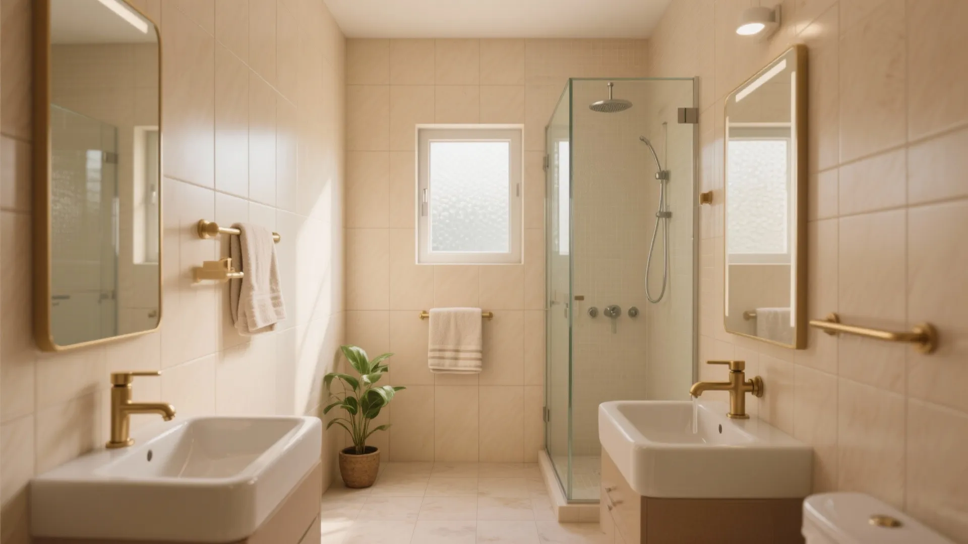 Modern bathroom design with double sinks gold faucets glass shower and light beige wall tiles