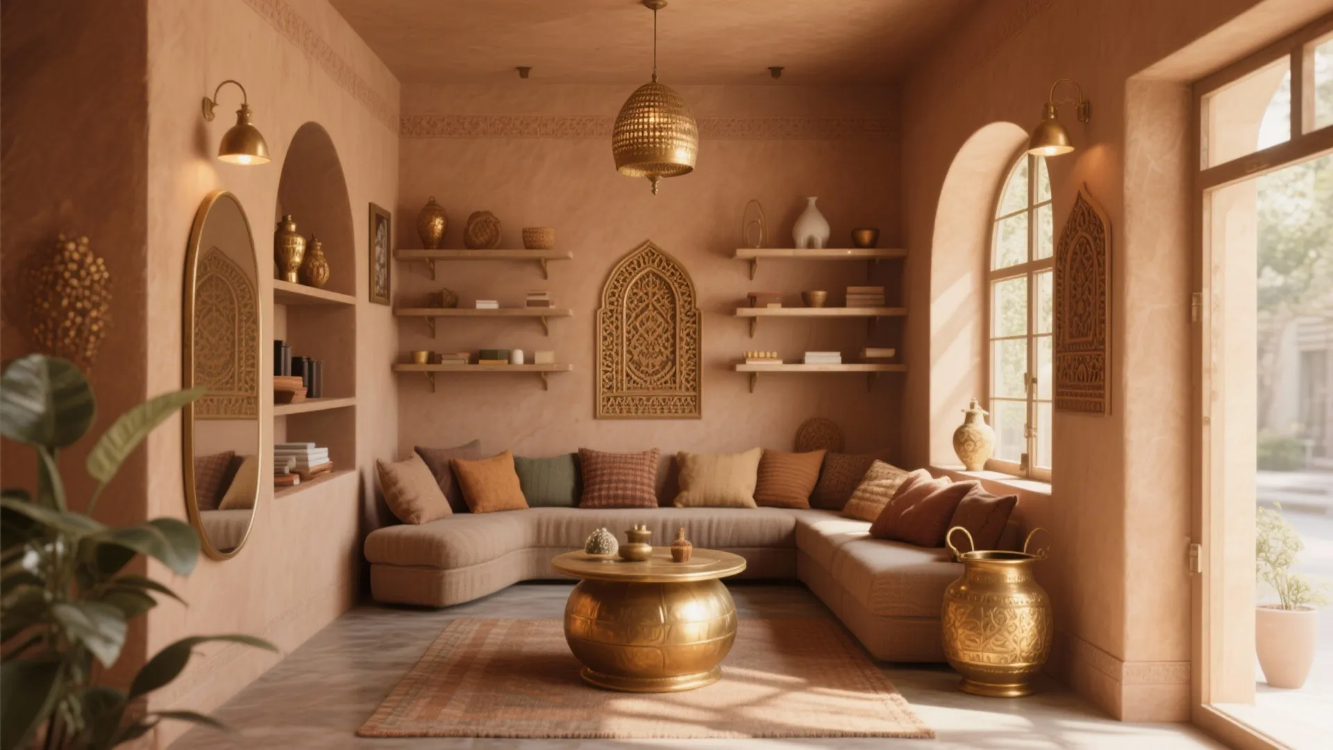 Warm earthy living room with curved sofa gold coffee table wall shelves and arched windows