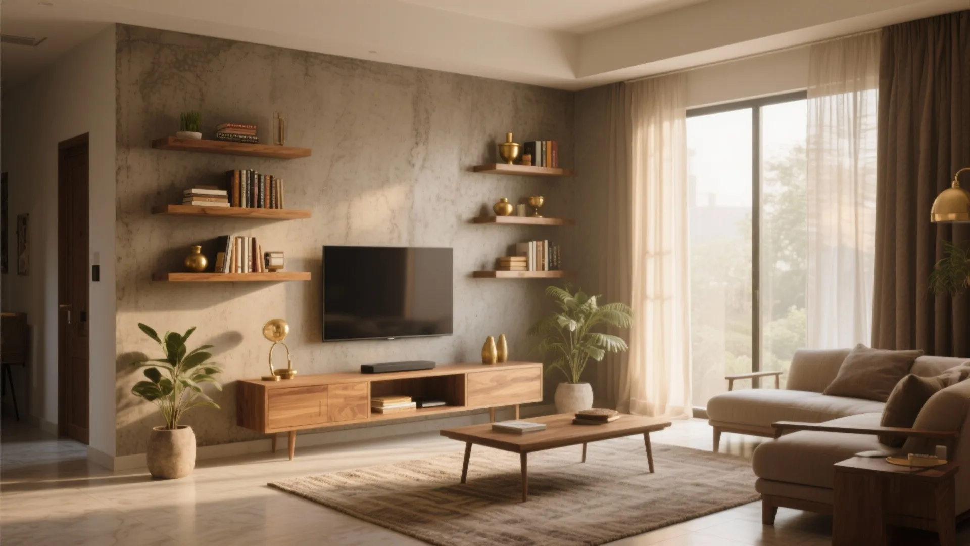 Modern living room featuring concrete walls with wooden floating shelves a television and beige sofa