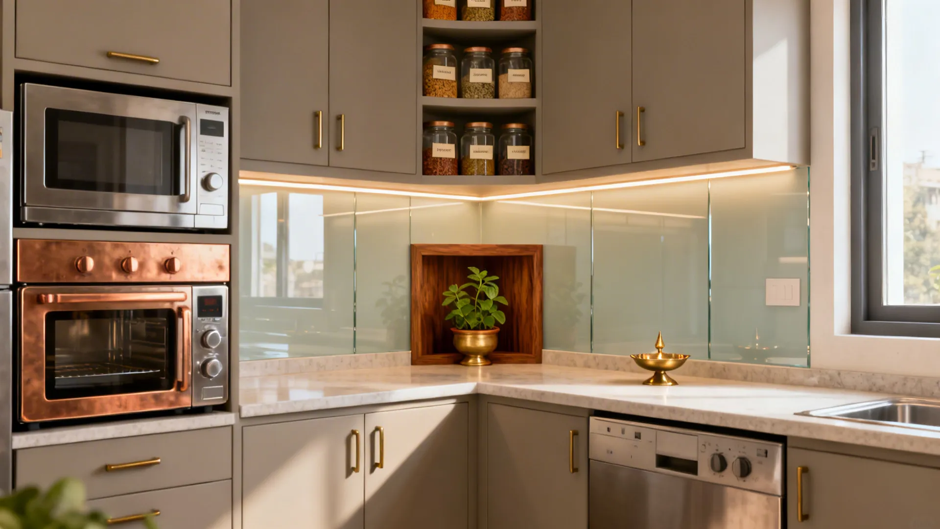 Modern grey kitchen cabinets with marble countertop oven microwave spice jars and under cabinet lighting