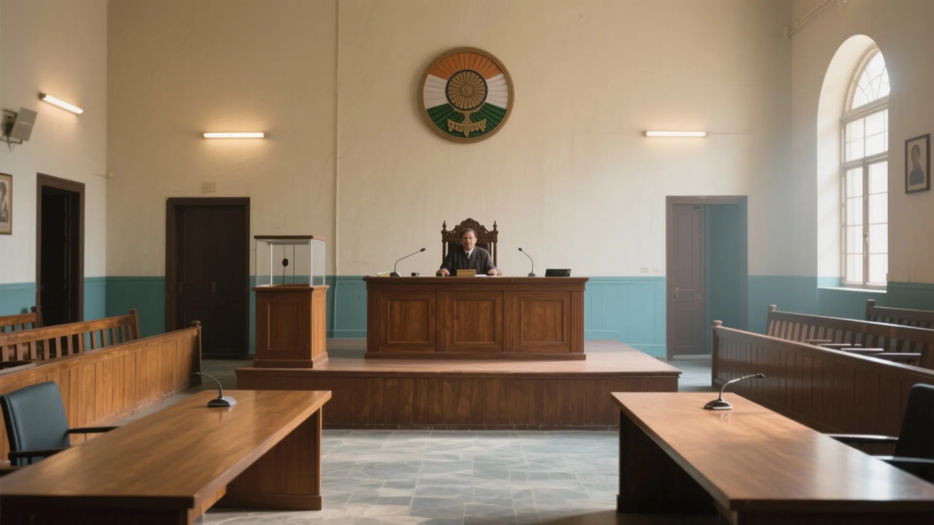 Indian courtroom interior featuring wooden furniture and a judge sitting under a large national emblem