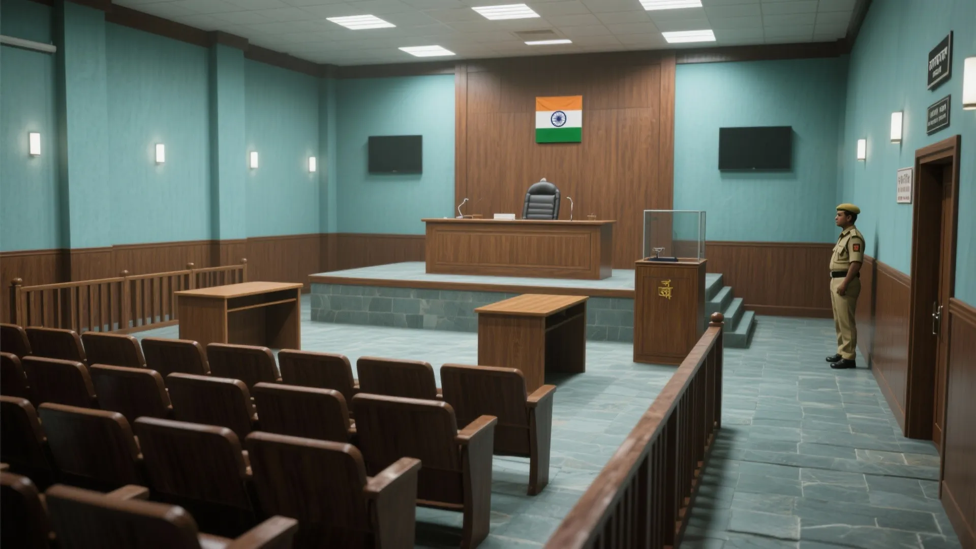 Indian courtroom interior with wood desks, green walls, flag, chairs, wall lights, and security officer
