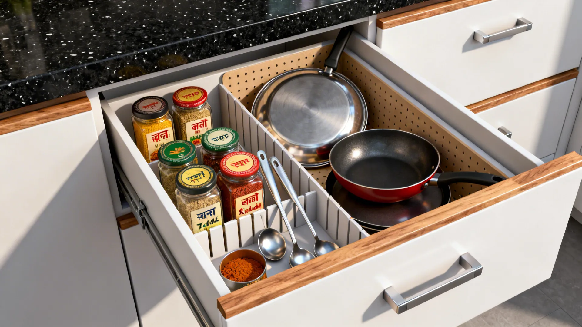 Macro of shallow kitchen drawers with organized spices and tadka tools for Indian cooking.