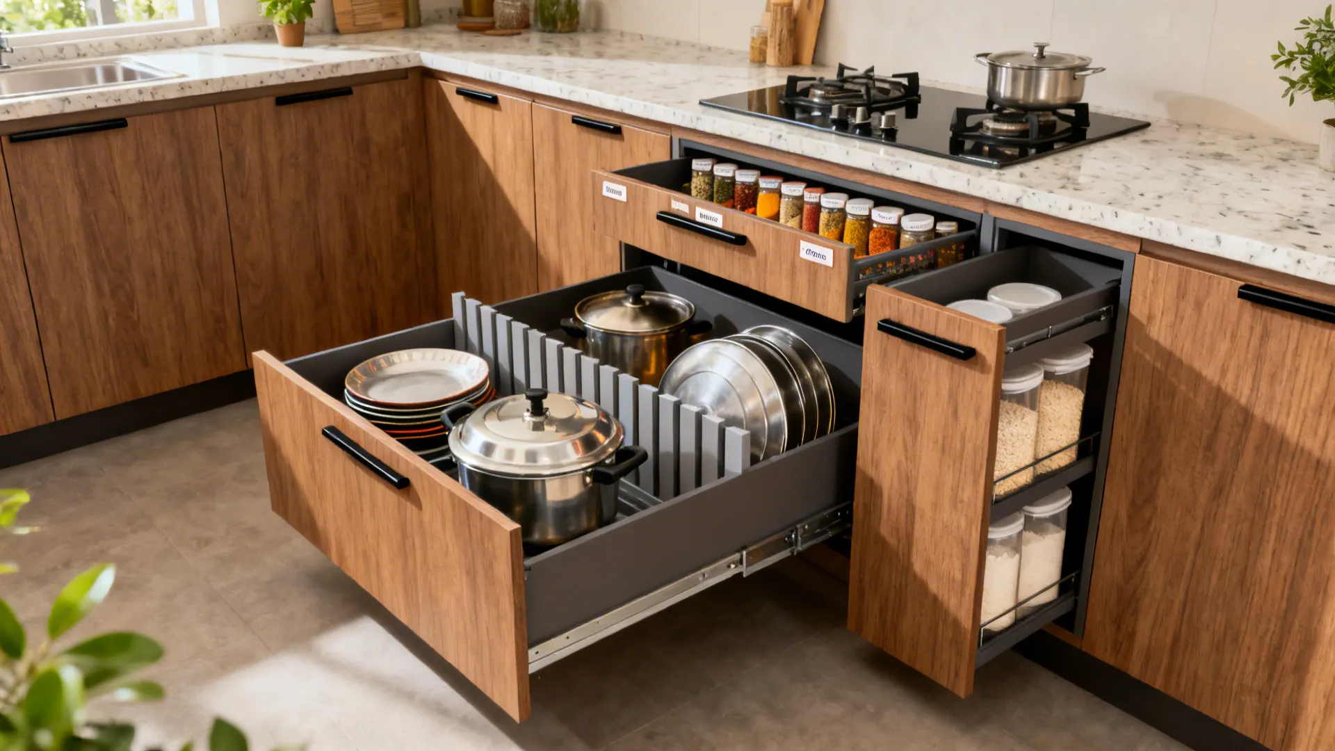 Wide kitchen drawers storing kadhais, thalis, and spice pull-out with vertical lid dividers in a modern Indian kitchen.