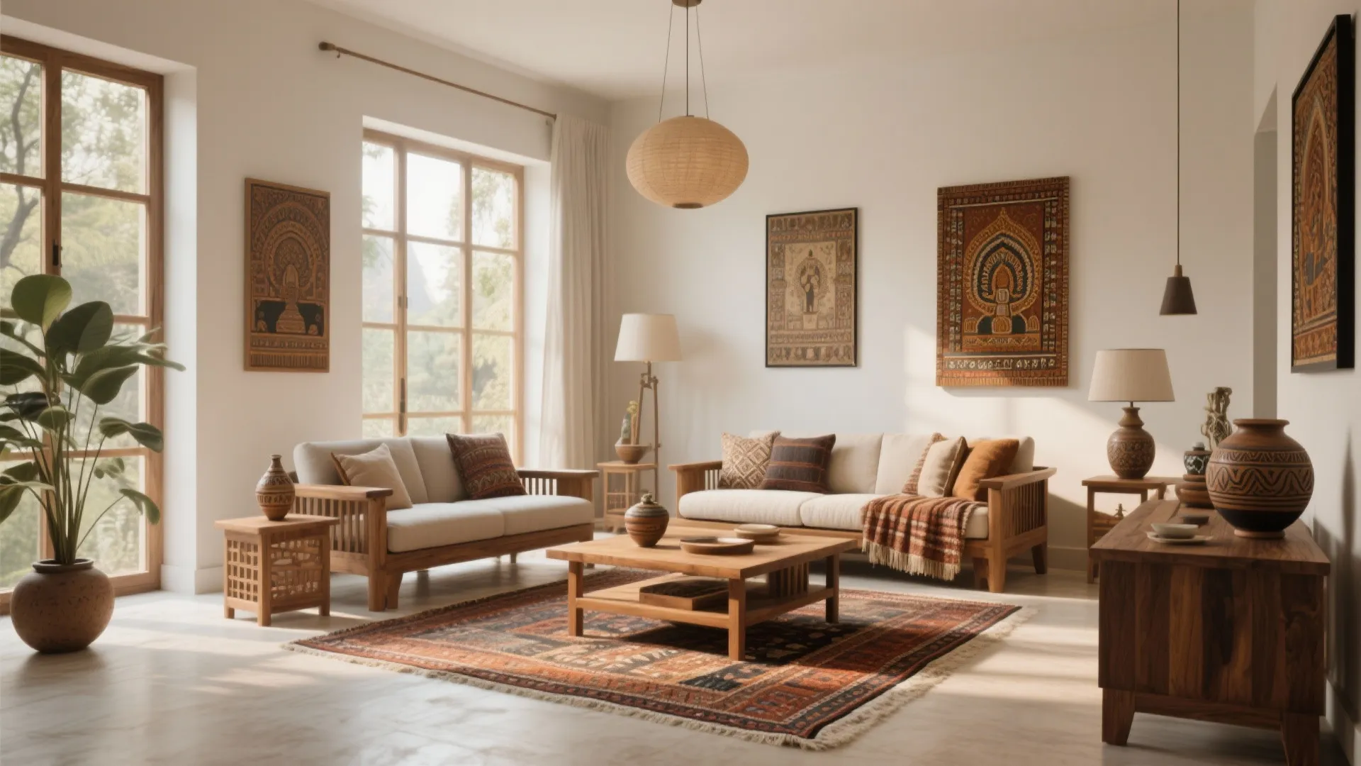 Warm living room featuring wooden sofas patterned rug wall art round ceiling light and windows