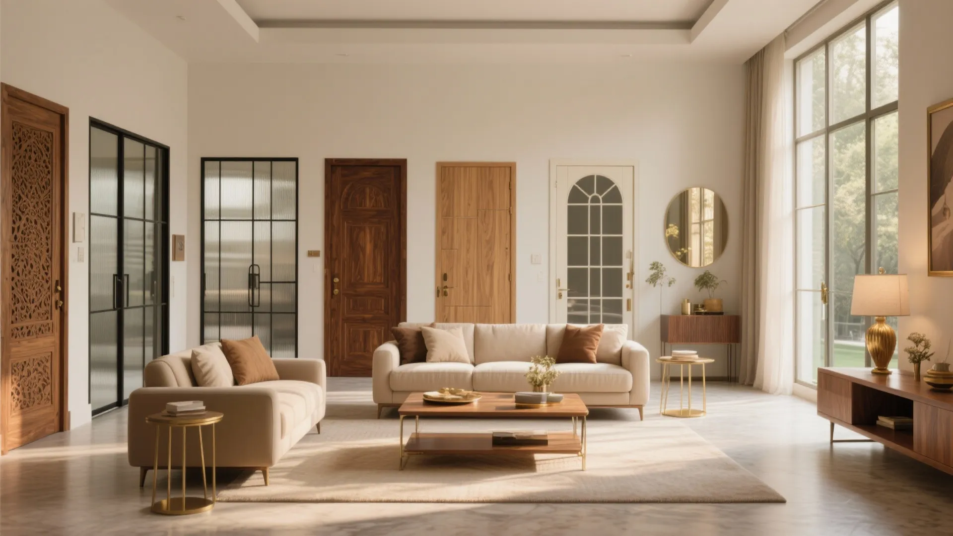 Living room interior showing different wooden and glass door designs with cream sofas and table