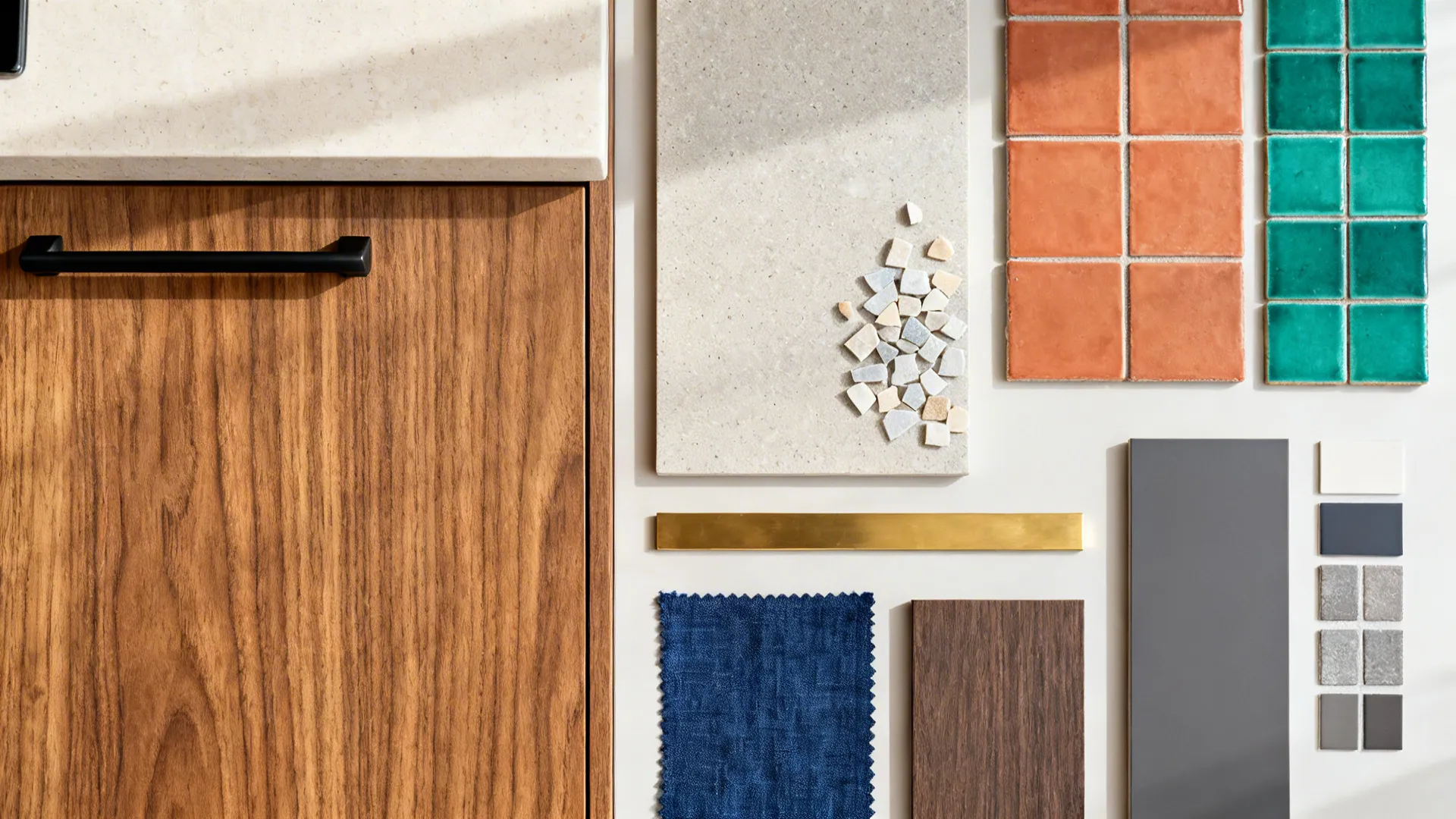 Flat lay of warm wood laminate, quartz and sintered stone chips, brass, and rich Indian accent tones.