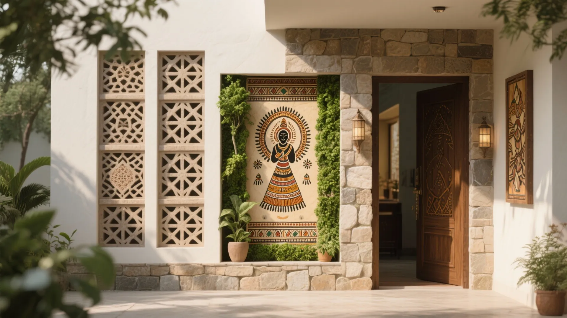 Traditional Indian entrance with wall art, stone texture, wooden door, wall lights, and green plants.