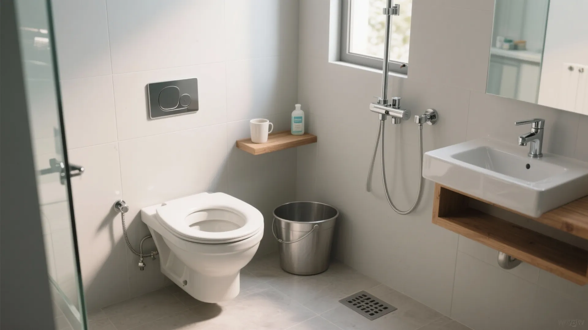 White toilet next to a wooden shelf and silver bucket in a bright tiled bathroom
