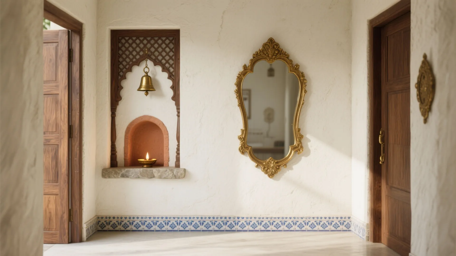 Indian style entryway with white walls a golden wall mirror and small decorative wall bell