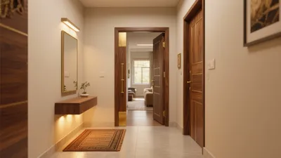 Warm Wood Accent Hallway Design with Gold Details