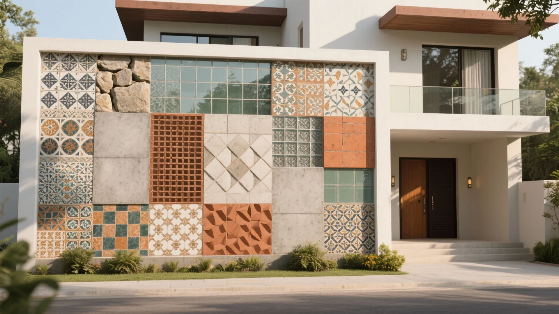 Modern white building exterior featuring a decorative wall with various colorful patterned tiles and stone textures