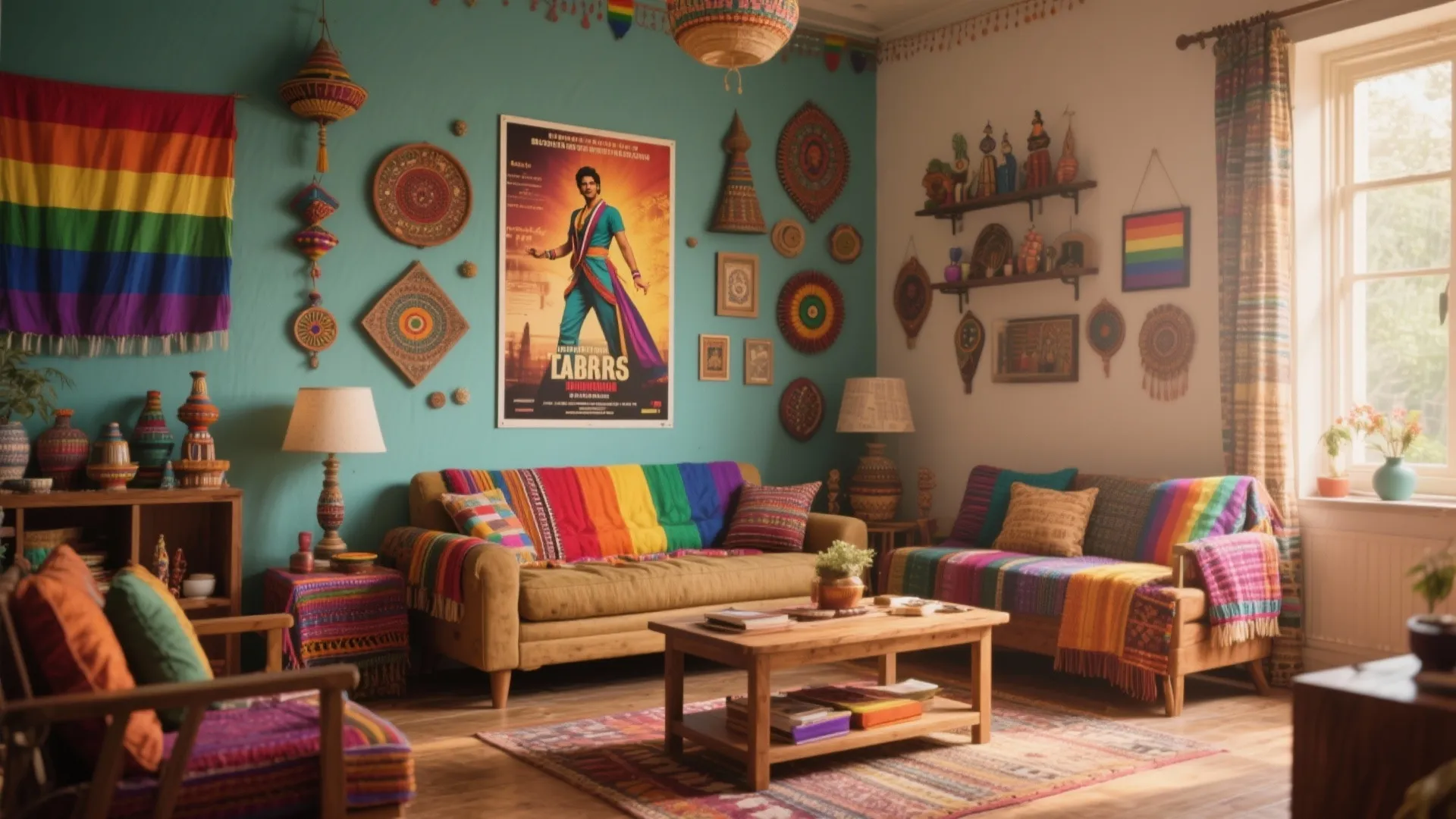 Vibrant living room with teal walls rainbow flag movie poster colorful sofas and a coffee table