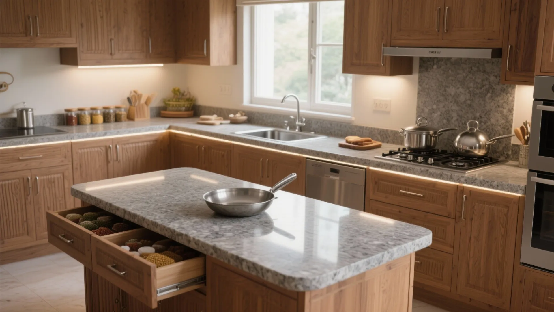 Modern wooden kitchen design with grey stone countertops plus a central island and open drawers