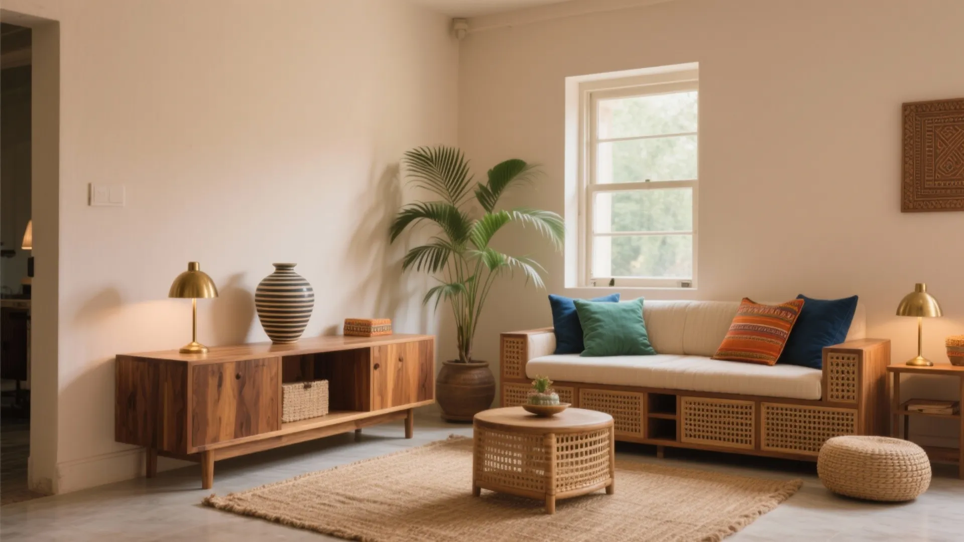 Warm living room with wooden cabinet, rattan sofa, colorful pillows, indoor plant, and round table