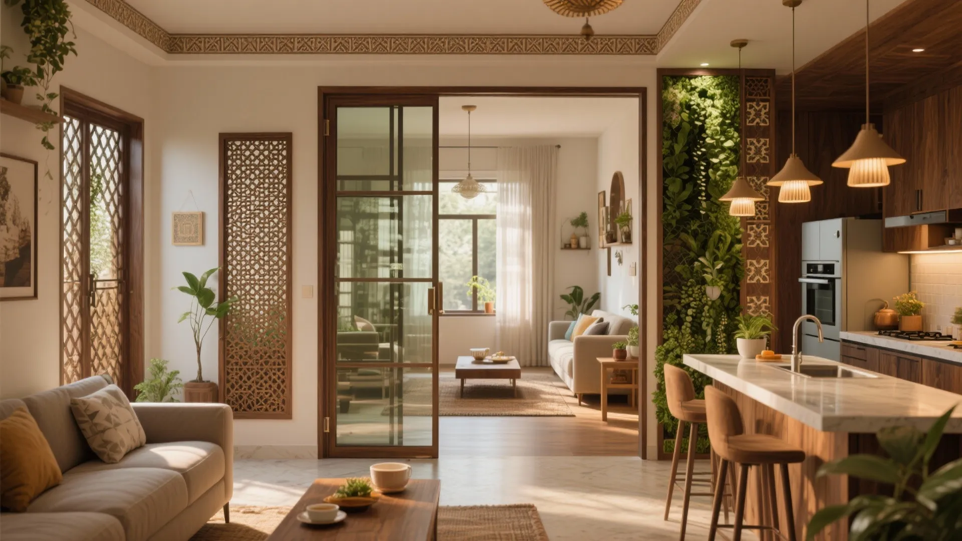 Indian living room with wood wall panel and glass door leading to a modern kitchen