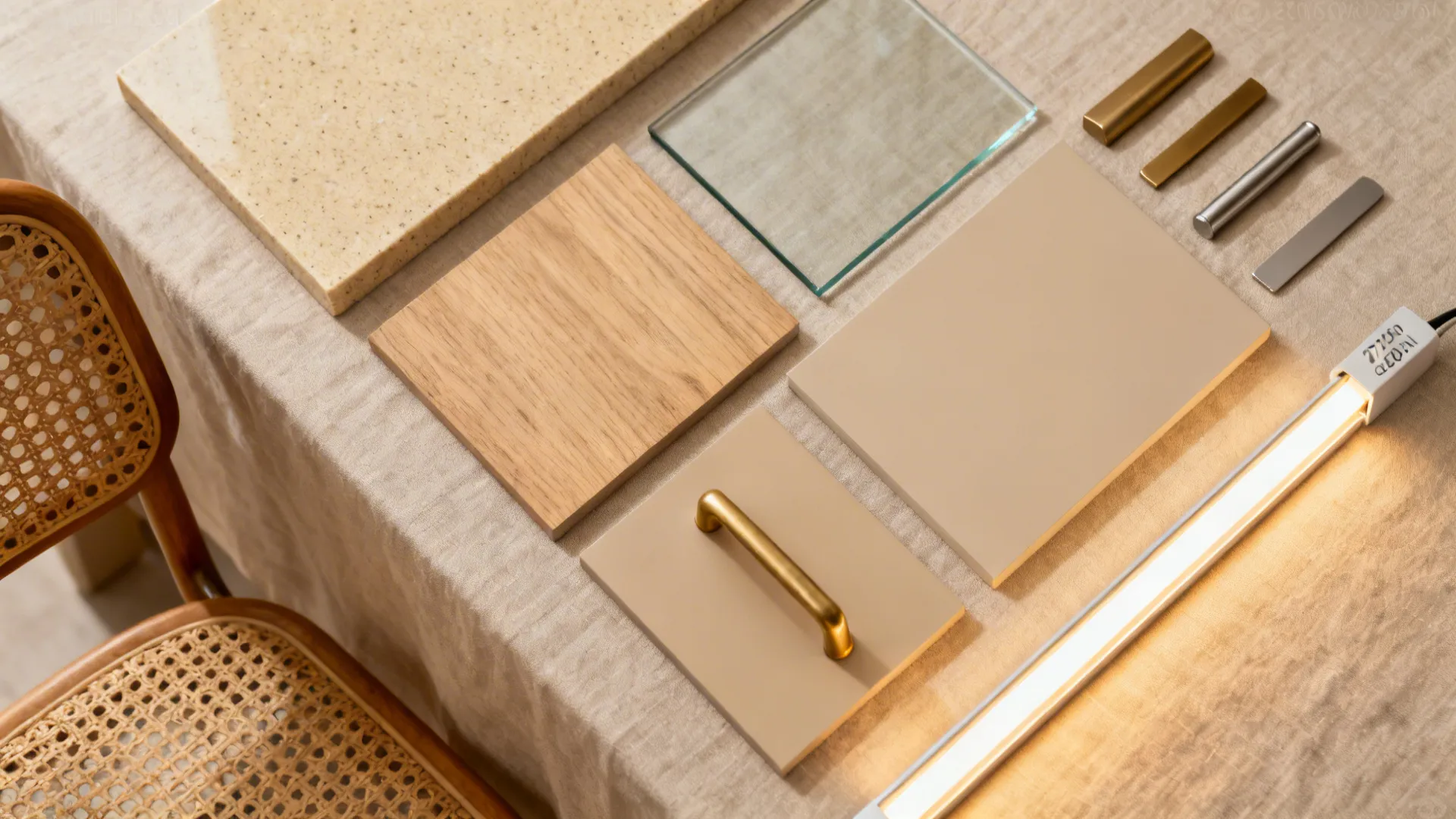 Flat lay of warm beige quartz, low-iron glass, light oak, matte beige laminate, brass accents, and cane weave.