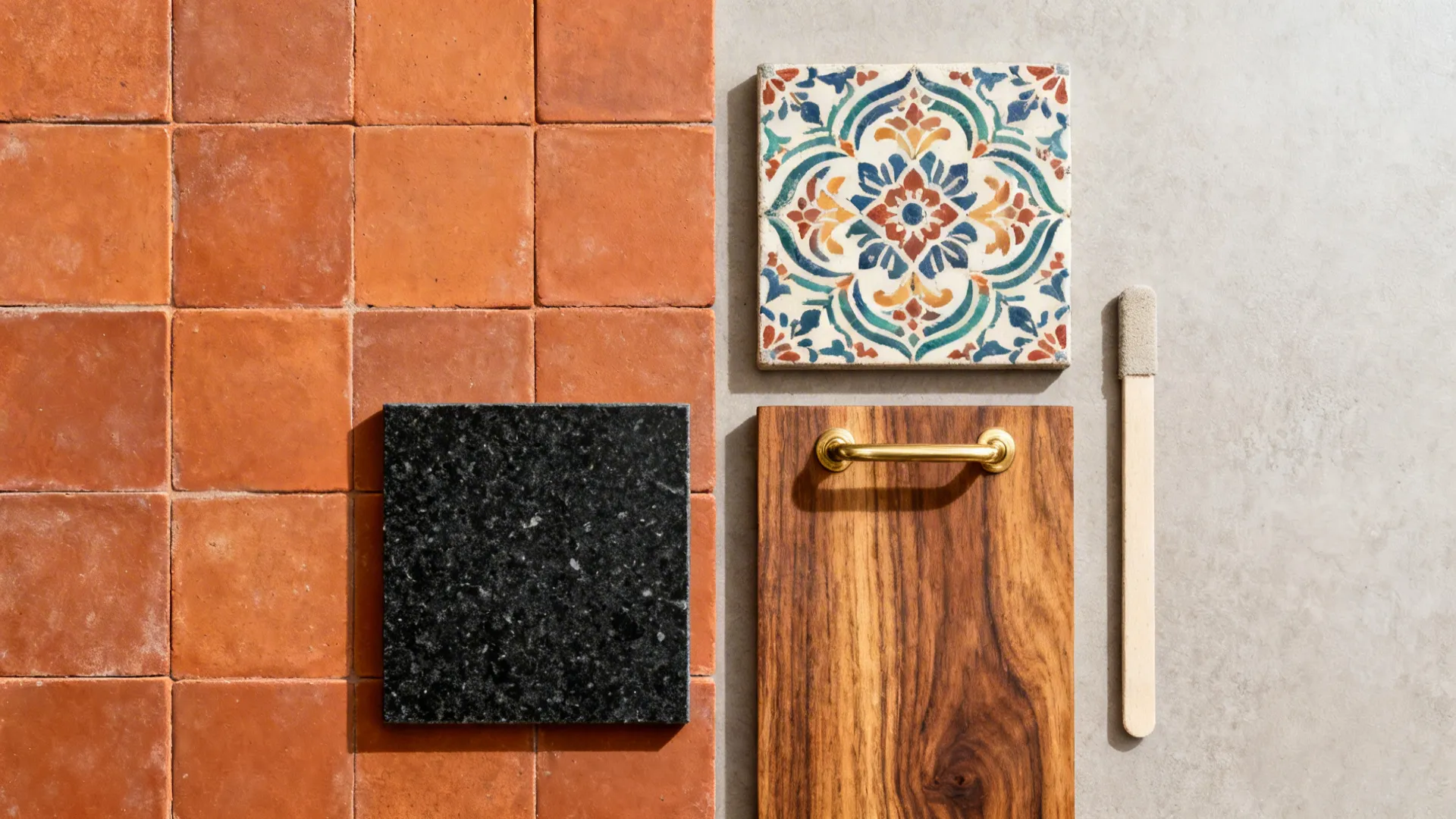 Top-down material flat lay with terracotta, patterned tiles, granite, teak, and brass.