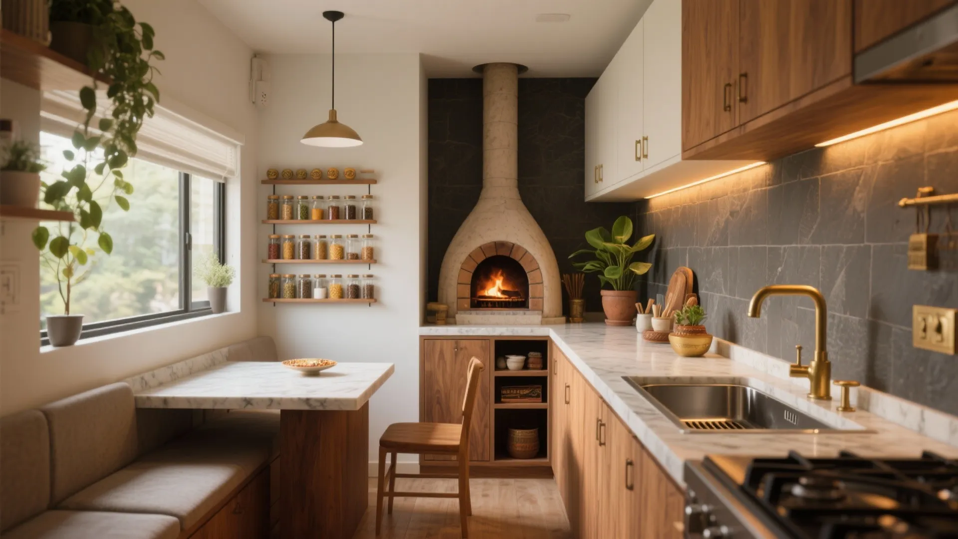 Modern kitchen with wood cabinets a stone pizza oven marble counters and small dining bench