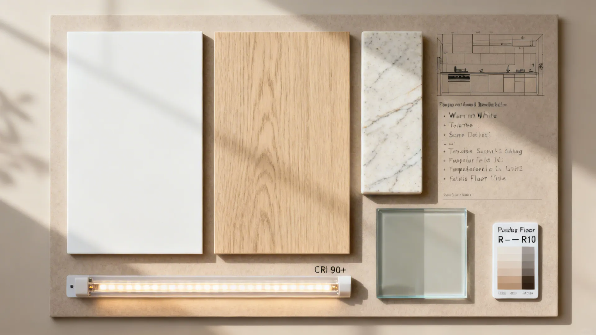 Flat lay of warm neutral laminates, wood textures, quartz veining, glass backsplash, and LED strip.