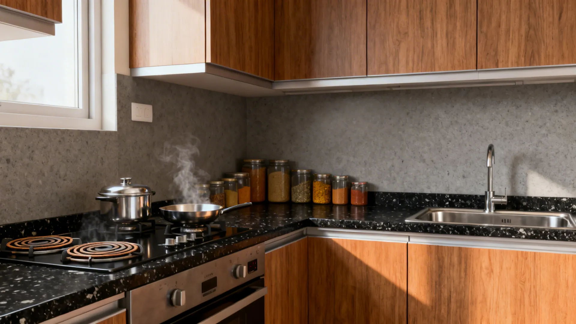 Modern kitchen featuring wooden cabinets black stone countertop stove with steaming pans sink and jars