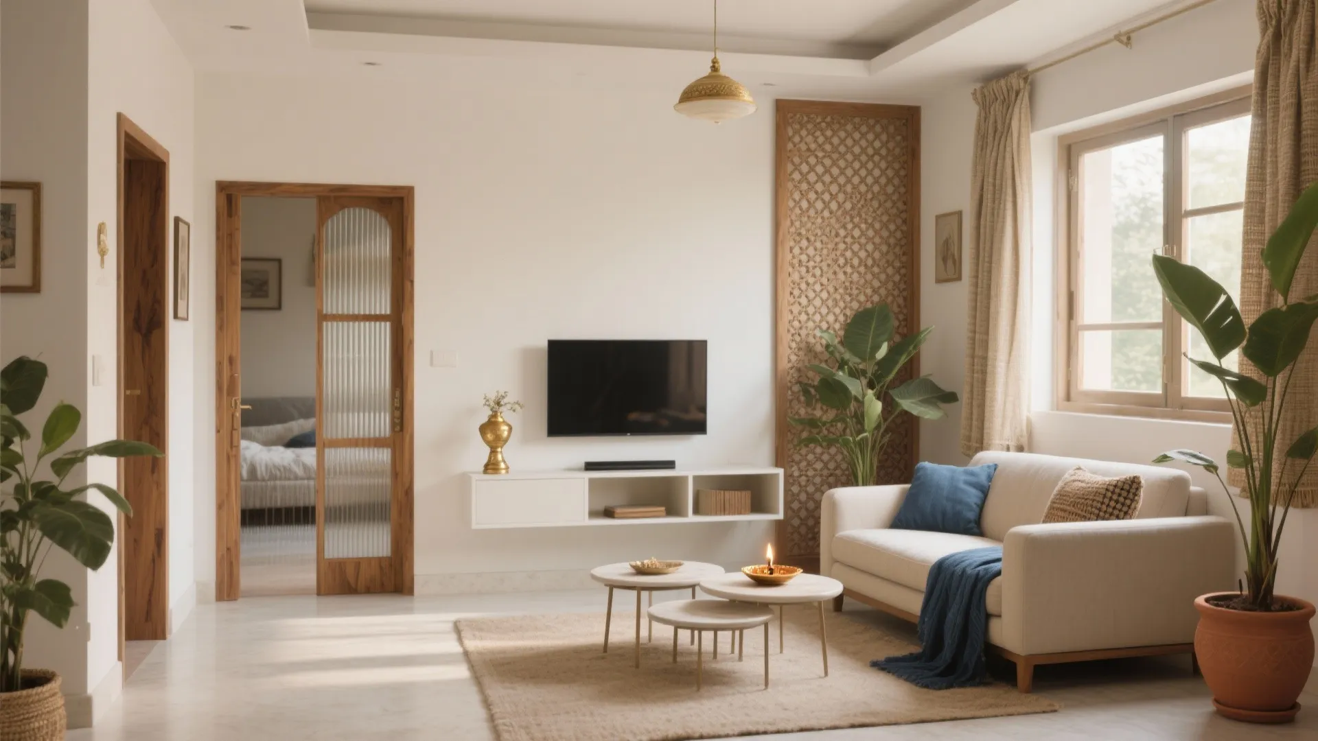 Bright living room with white sofa, blue pillows, wooden glass door, and gold ceiling light