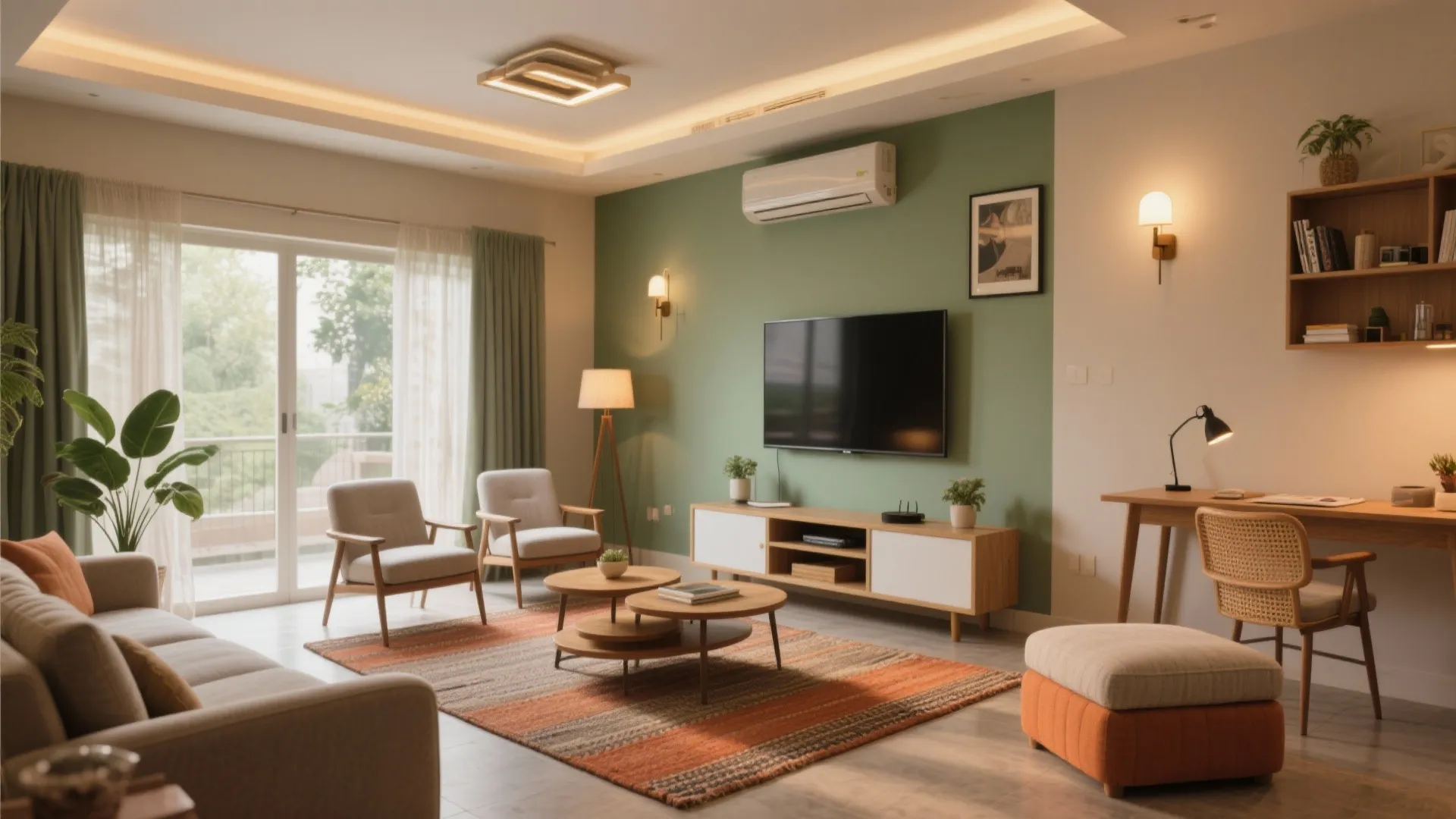 Modern living room featuring green accent wall, wooden TV cabinet, beige sofa, chairs, and desk