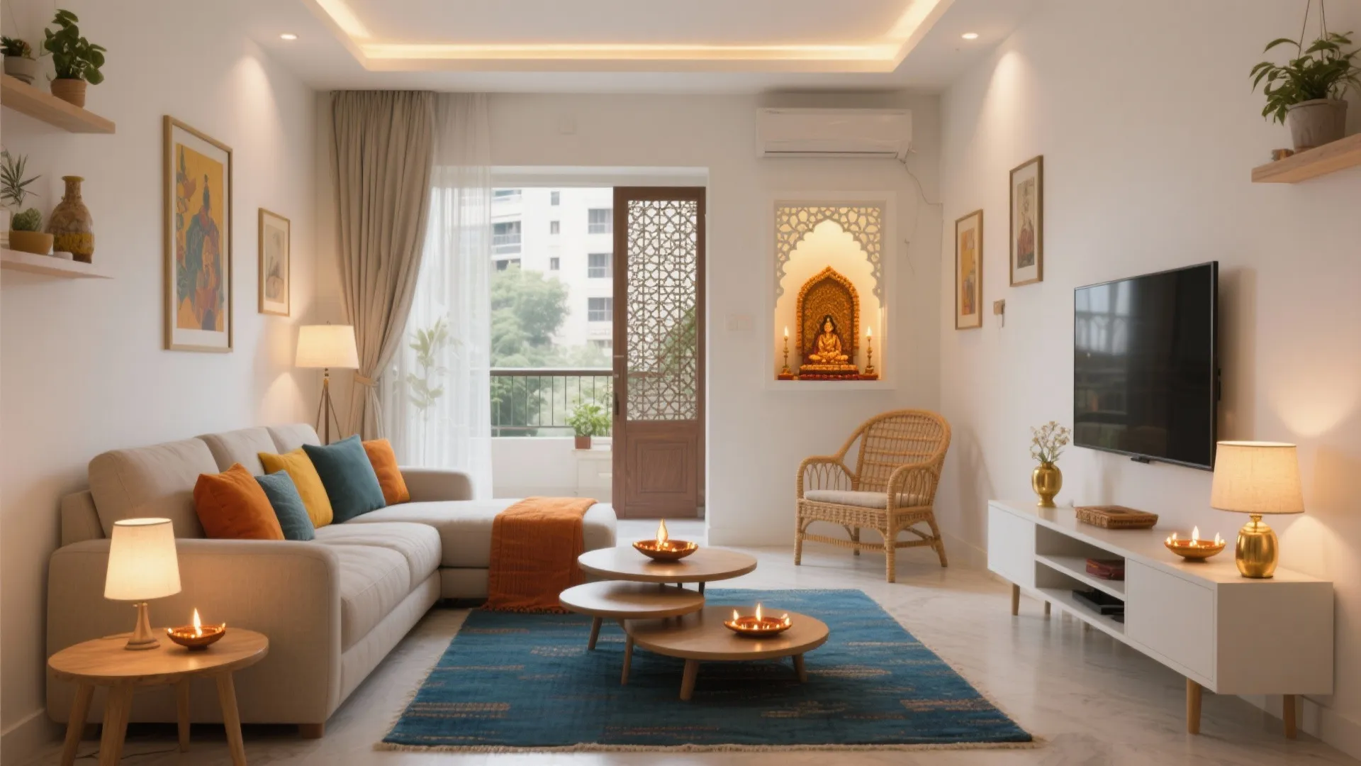 Modern Indian living room with cream sofa colorful pillows blue rug wooden tables and wall lights