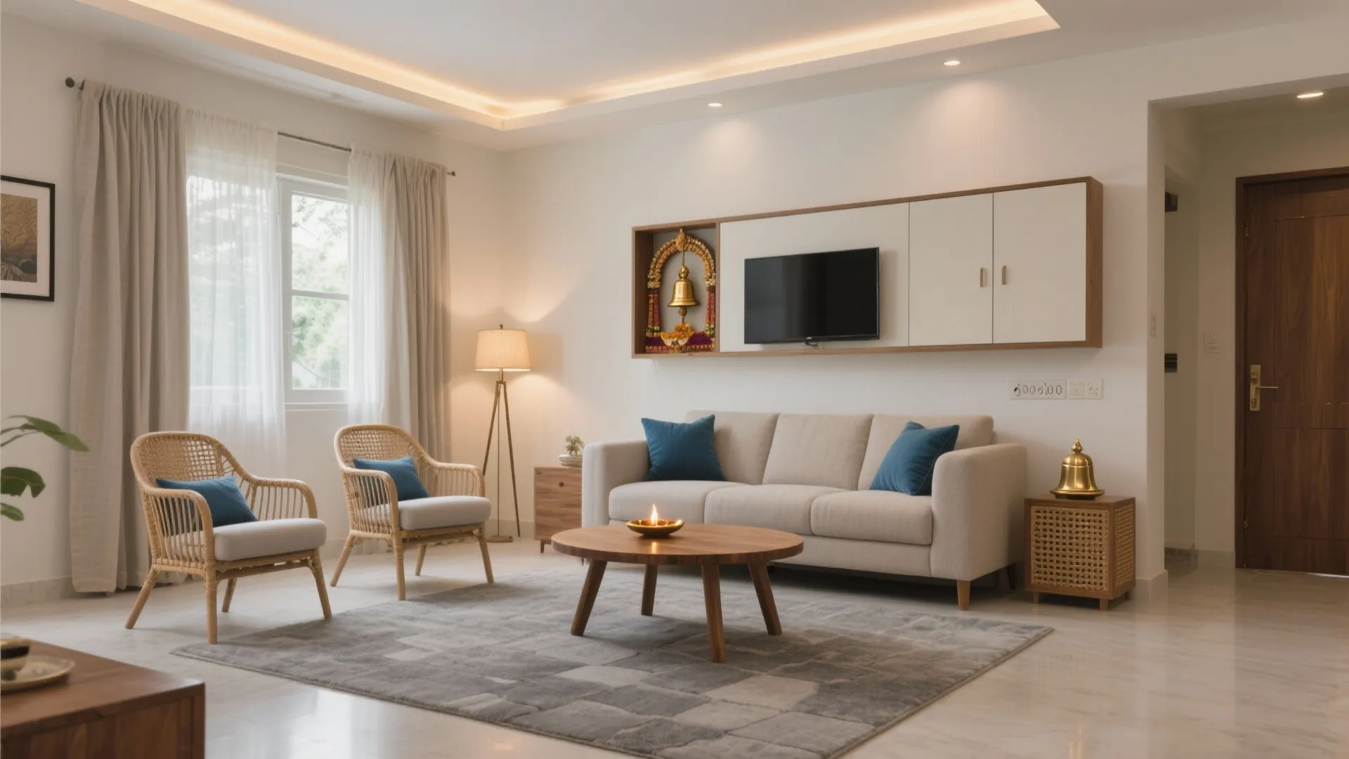 Modern Indian living room with beige sofa blue pillows rattan chairs round wooden table and rug