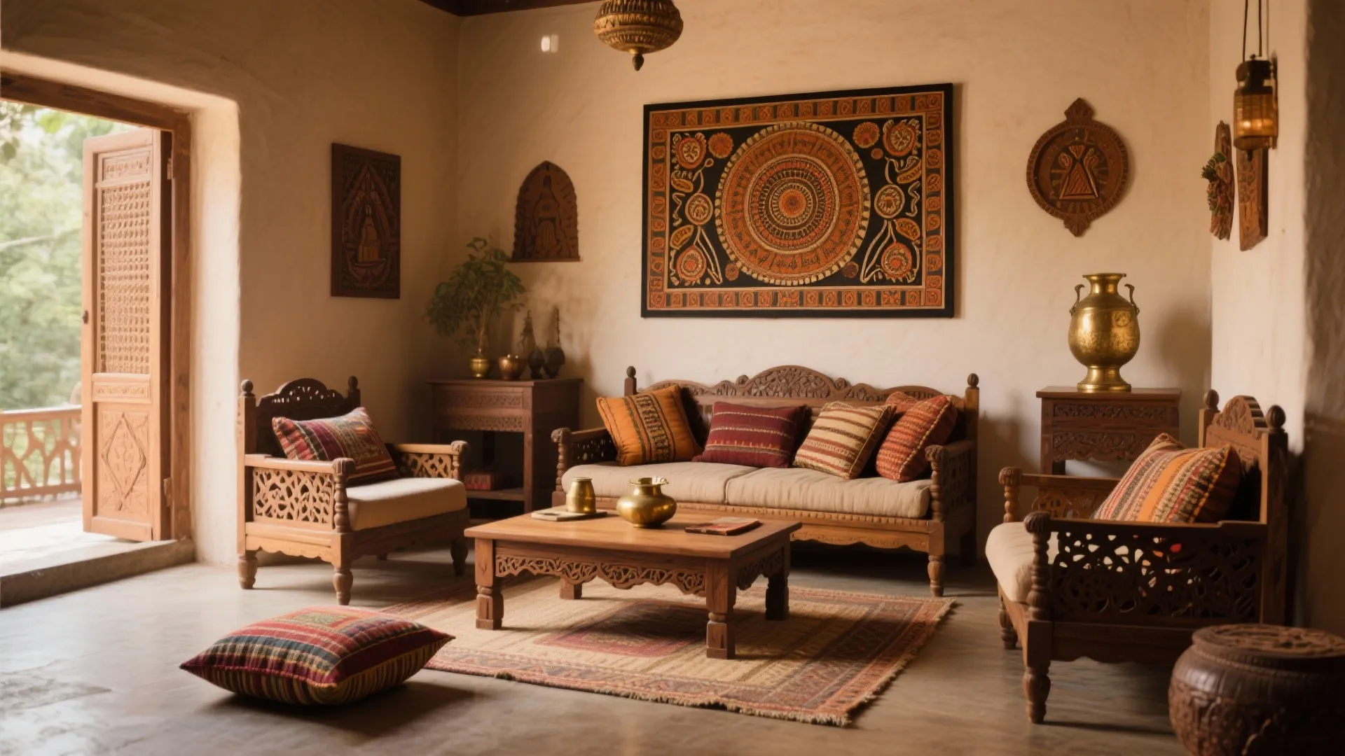 Traditional living room with wooden furniture wall art a coffee table and an open door