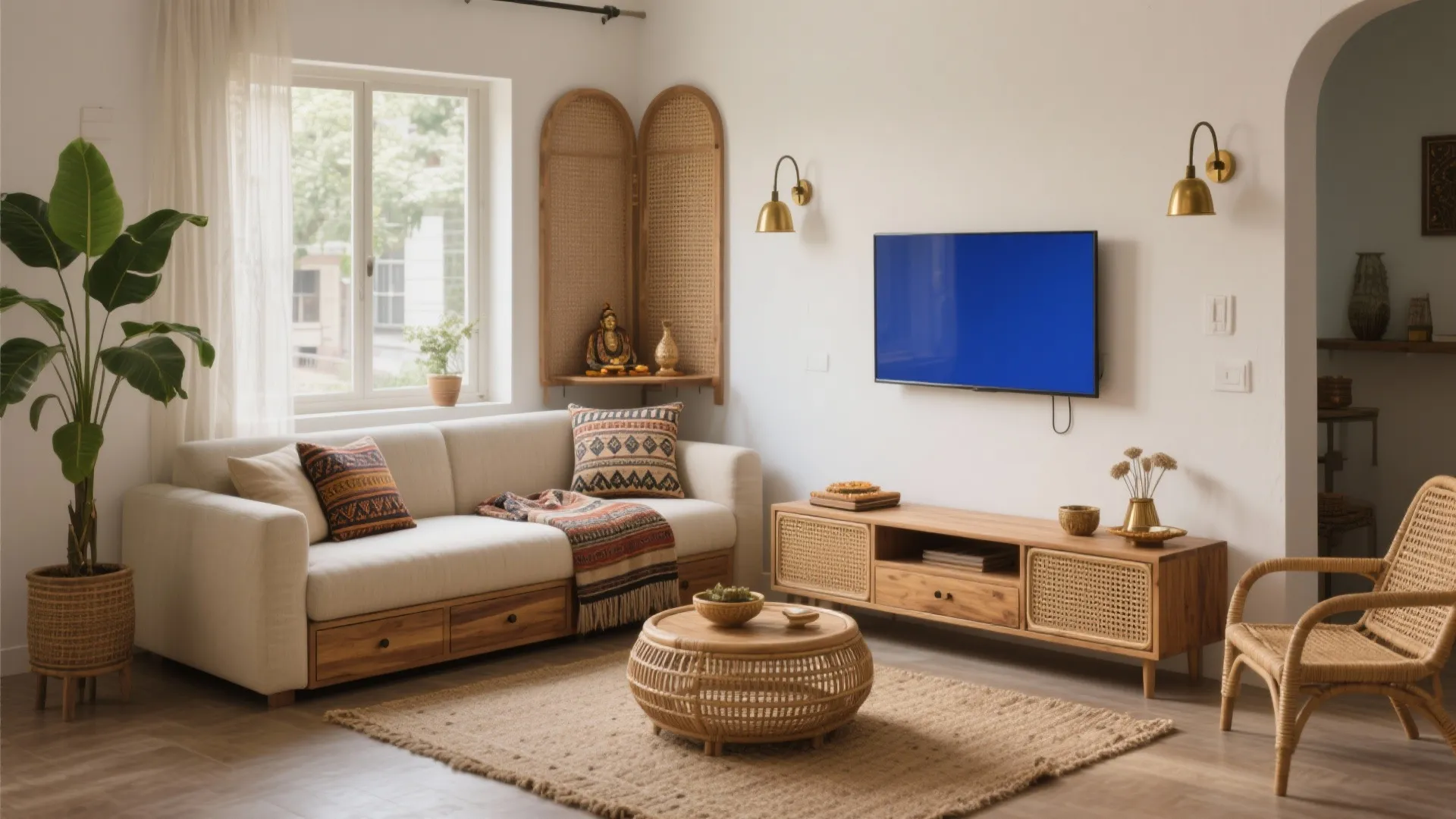 Modern living room with cream sofa wooden cabinet round coffee table woven rug and wall lights