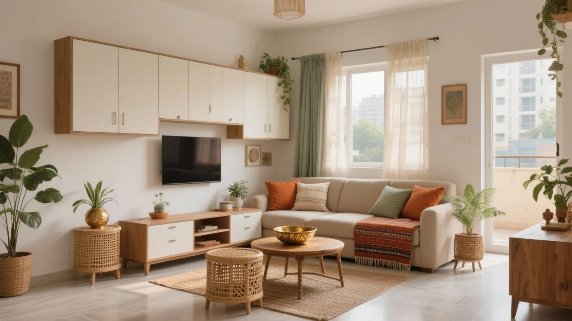 Modern living room with white cabinets wooden TV stand green plants and comfortable beige sofa