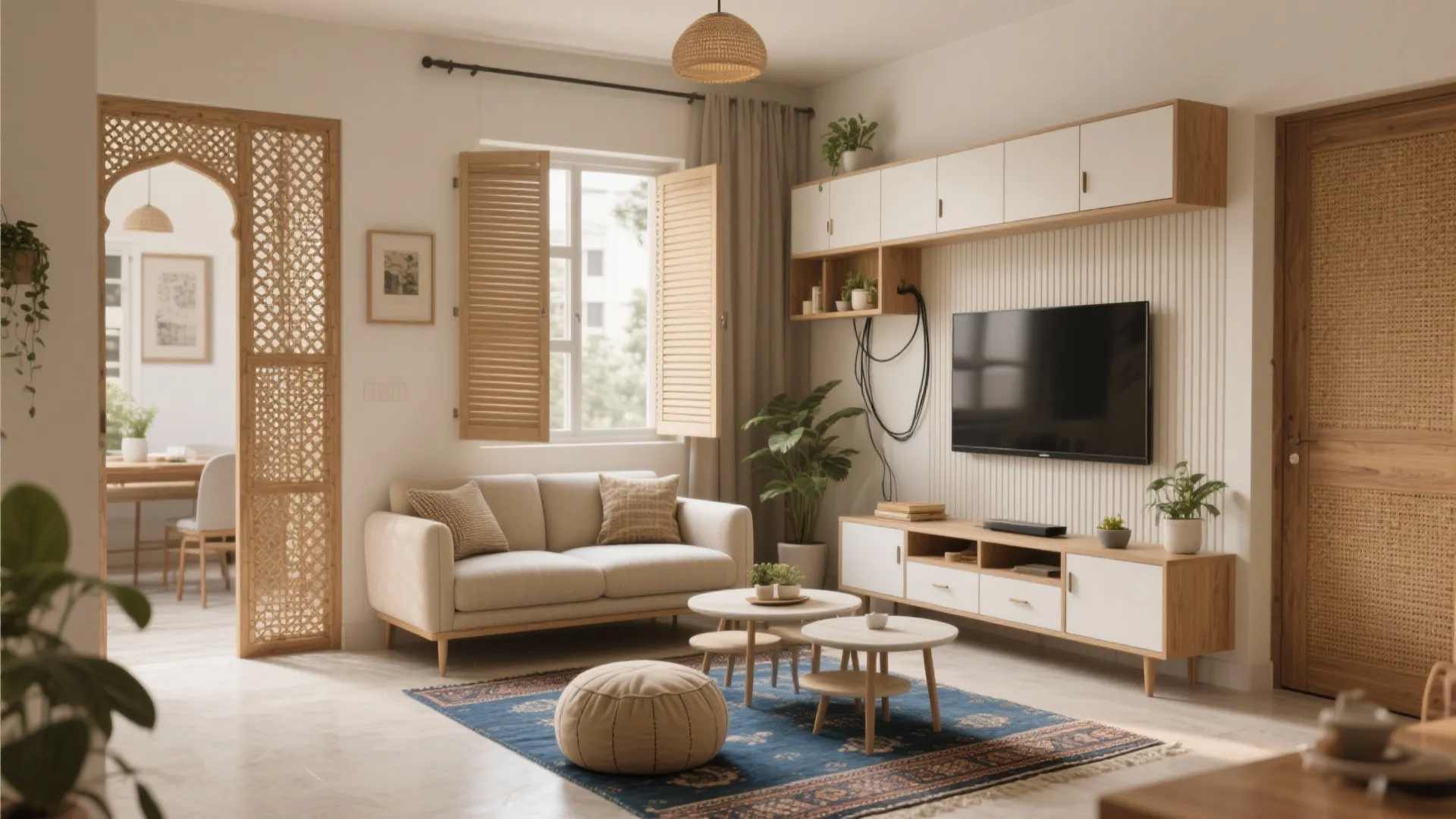 Modern living room with beige sofa white TV cabinet wood shutters blue rug and green plants