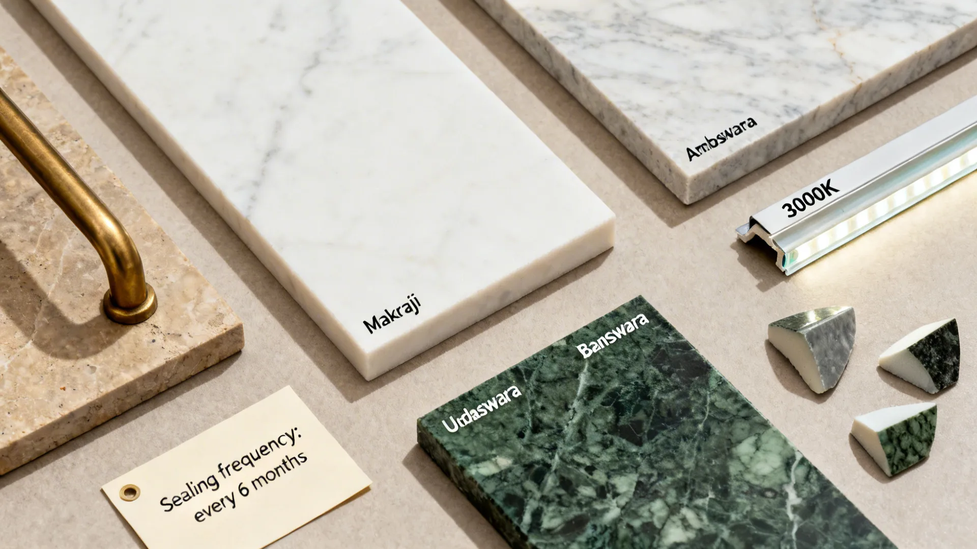 Flat lay of Indian marble samples, edge profiles, warm LED strip, and brass hardware.