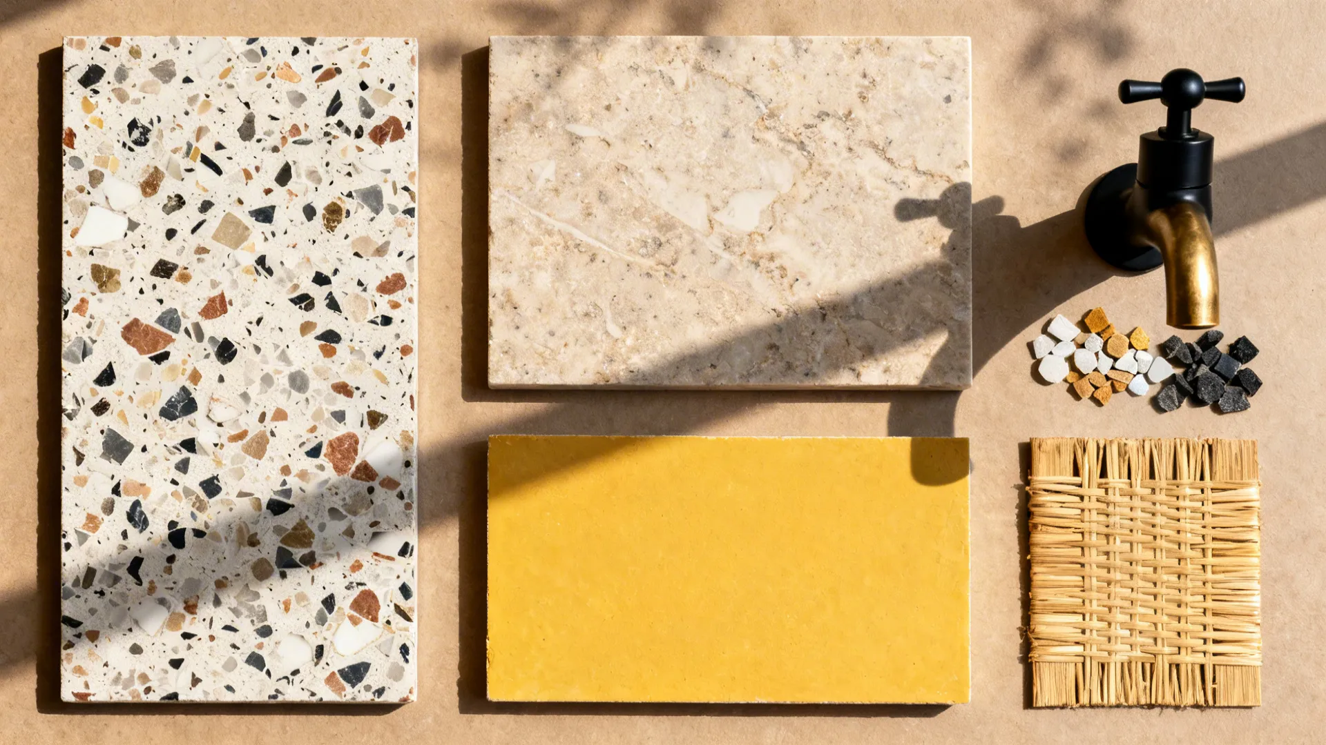 Flat lay of terrazzo, Kota, Jaisalmer stone, cane, and metal finishes for a statement basin.
