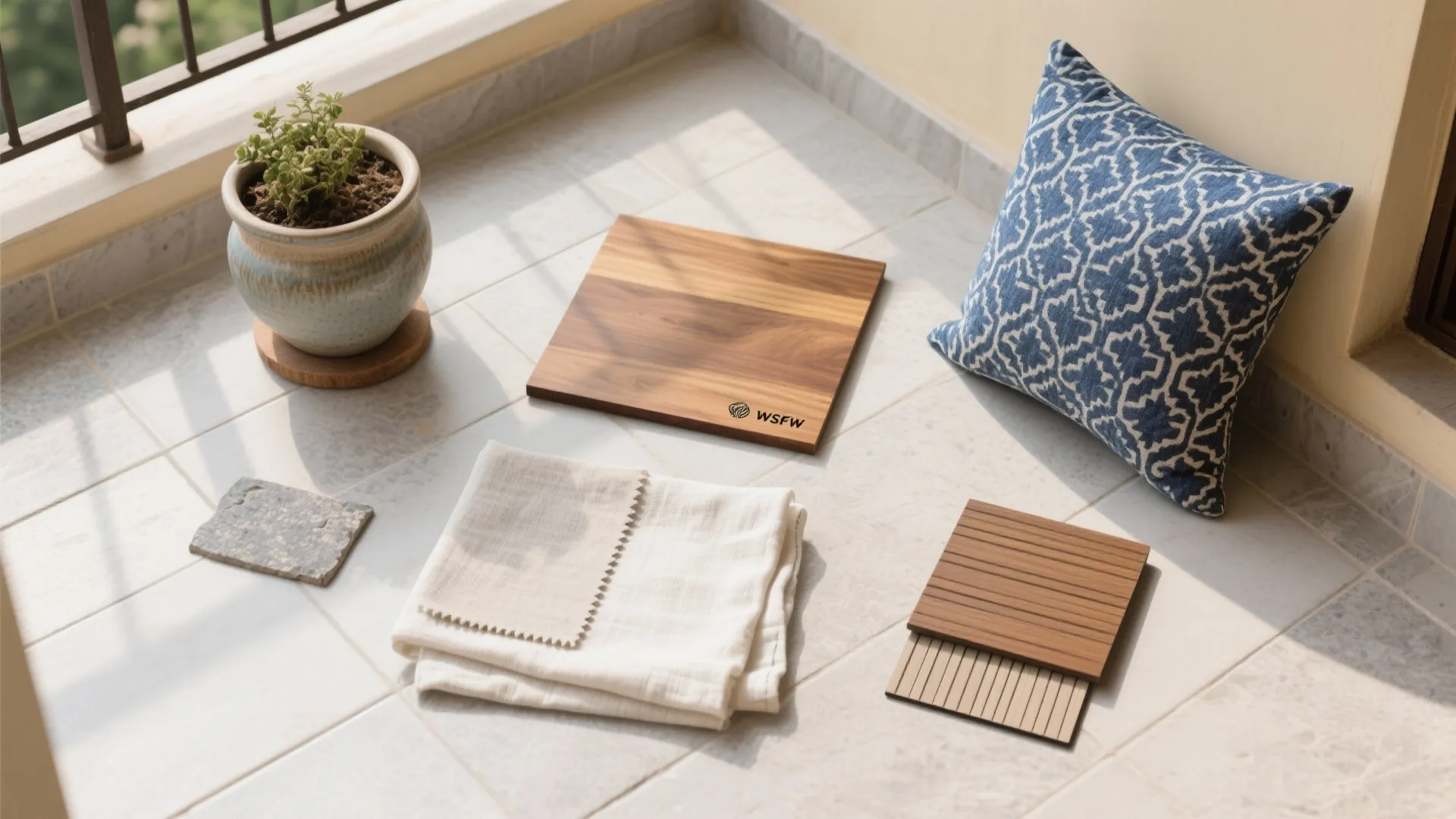 Flatlay of teak wood, stone-look tile, linen, indigo cushion fabric, ceramic glaze, and WPC sample.