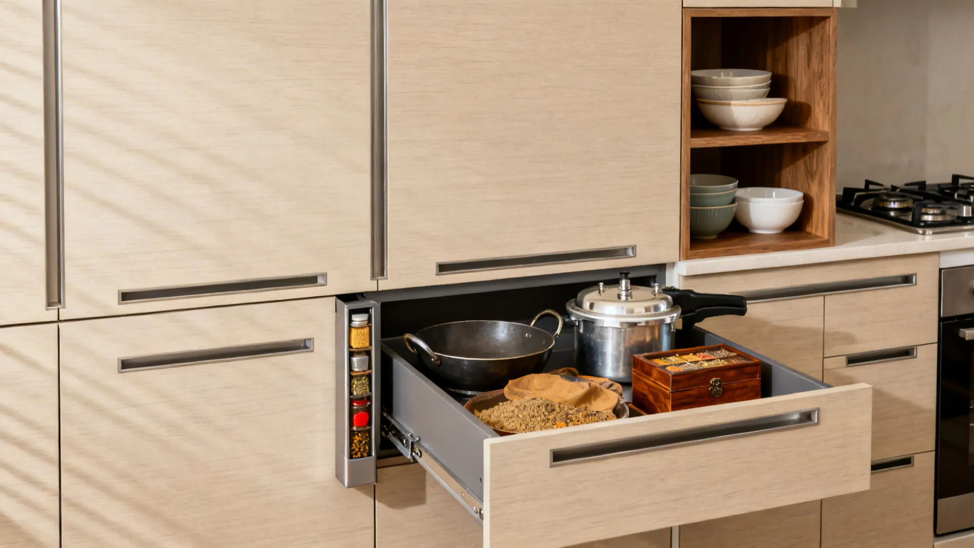 Handleless beige kitchen with deep pull-outs and a slim spice pull-out near the cooktop.