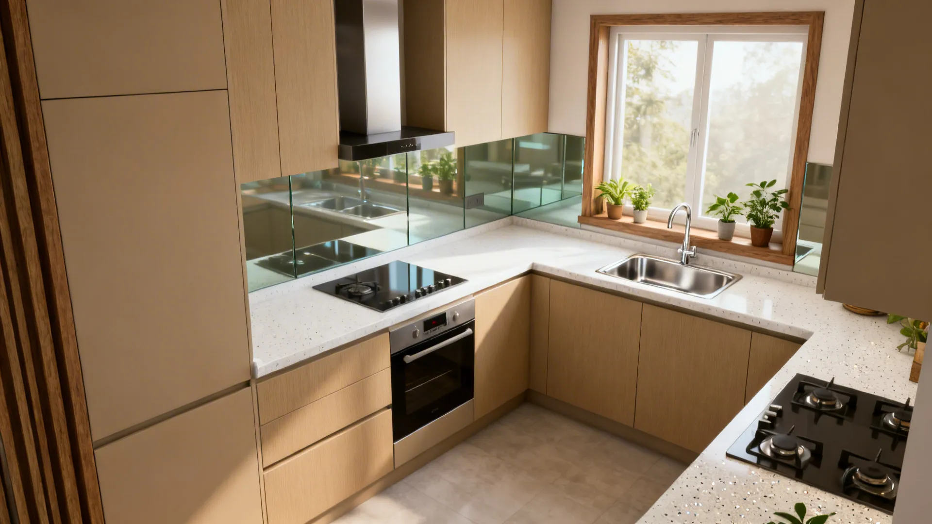 Modern kitchen interior featuring light wood cabinets white stone countertops sink window and indoor plants