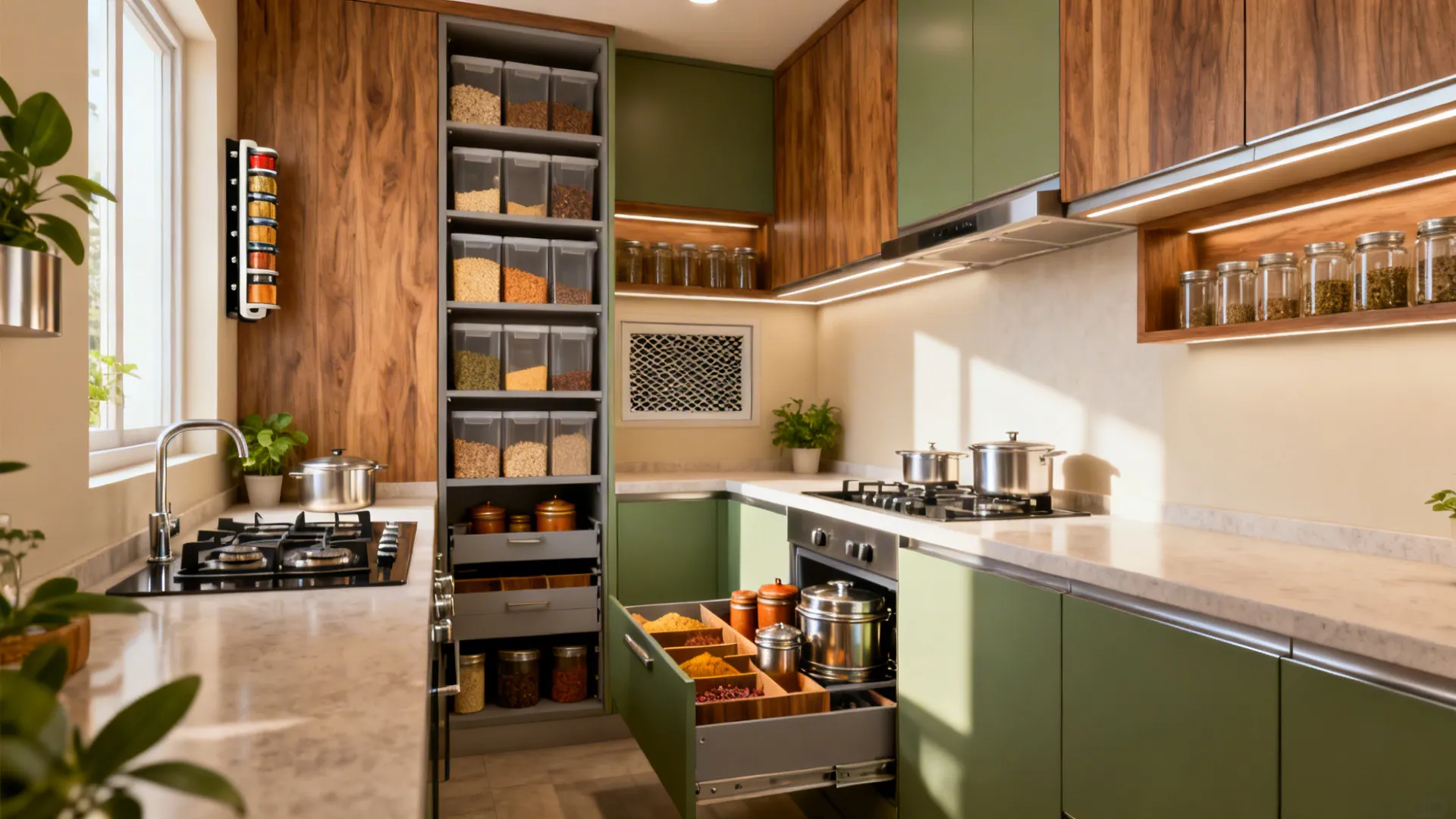 Modern kitchen with green cabinets wooden panels and organized pantry storage for spices and foods