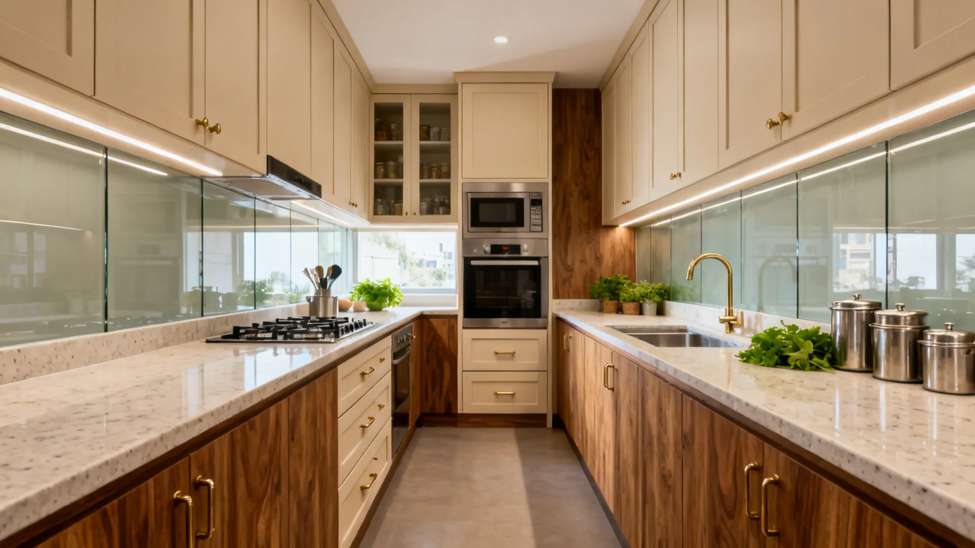 Modern parallel kitchen layout with wood cabinets white upper cupboards marble countertops and integrated lighting