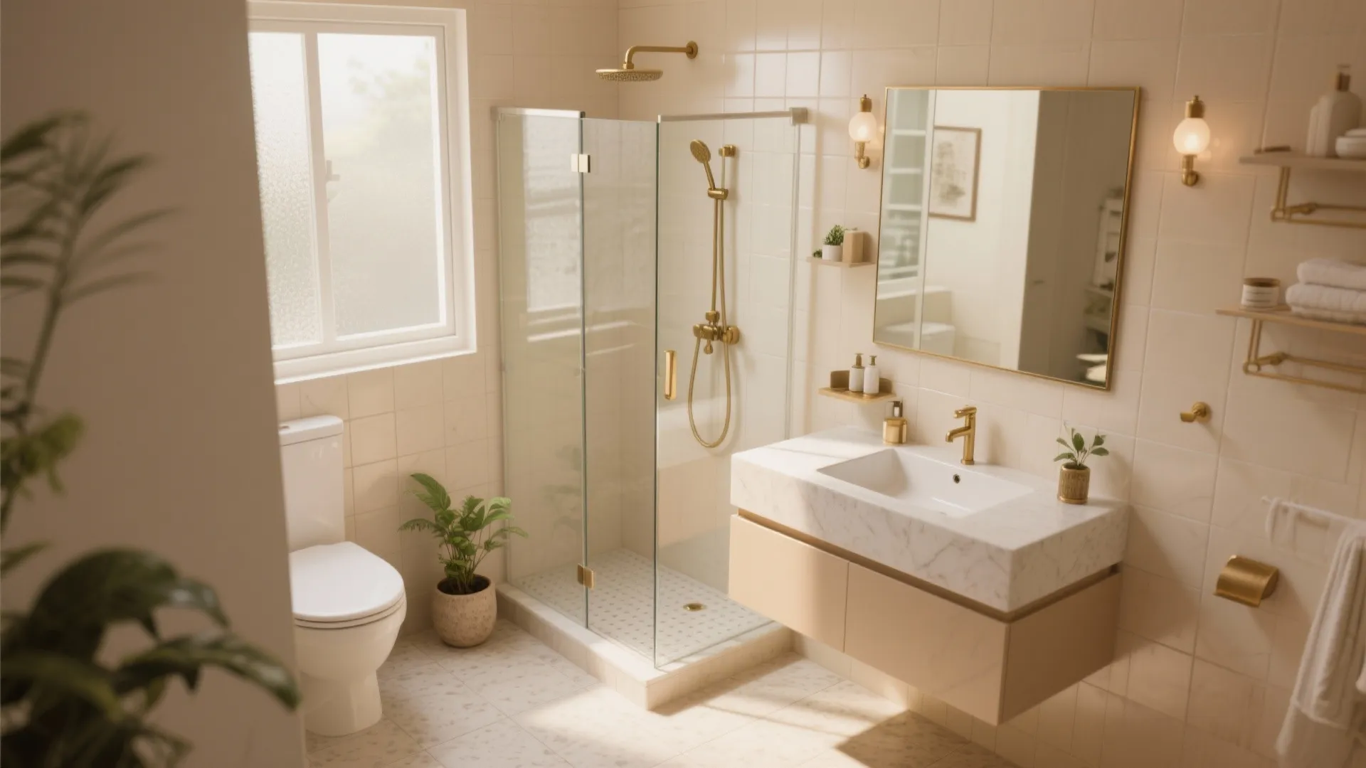 Modern small bathroom featuring glass shower marble sink gold fixtures white toilet and beige tiles