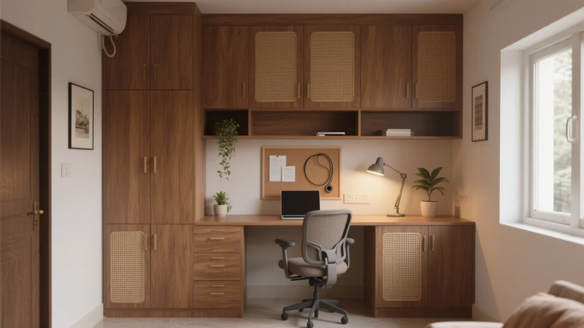 Modern home office with wooden desk, built-in cabinets, grey chair, laptop, desk lamp, and plants