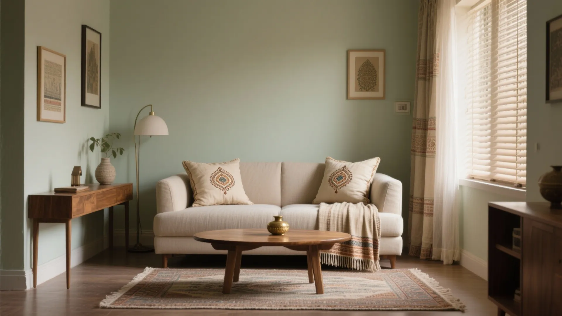 Cozy living room with light green walls cream sofa wooden coffee table and ethnic patterned cushions