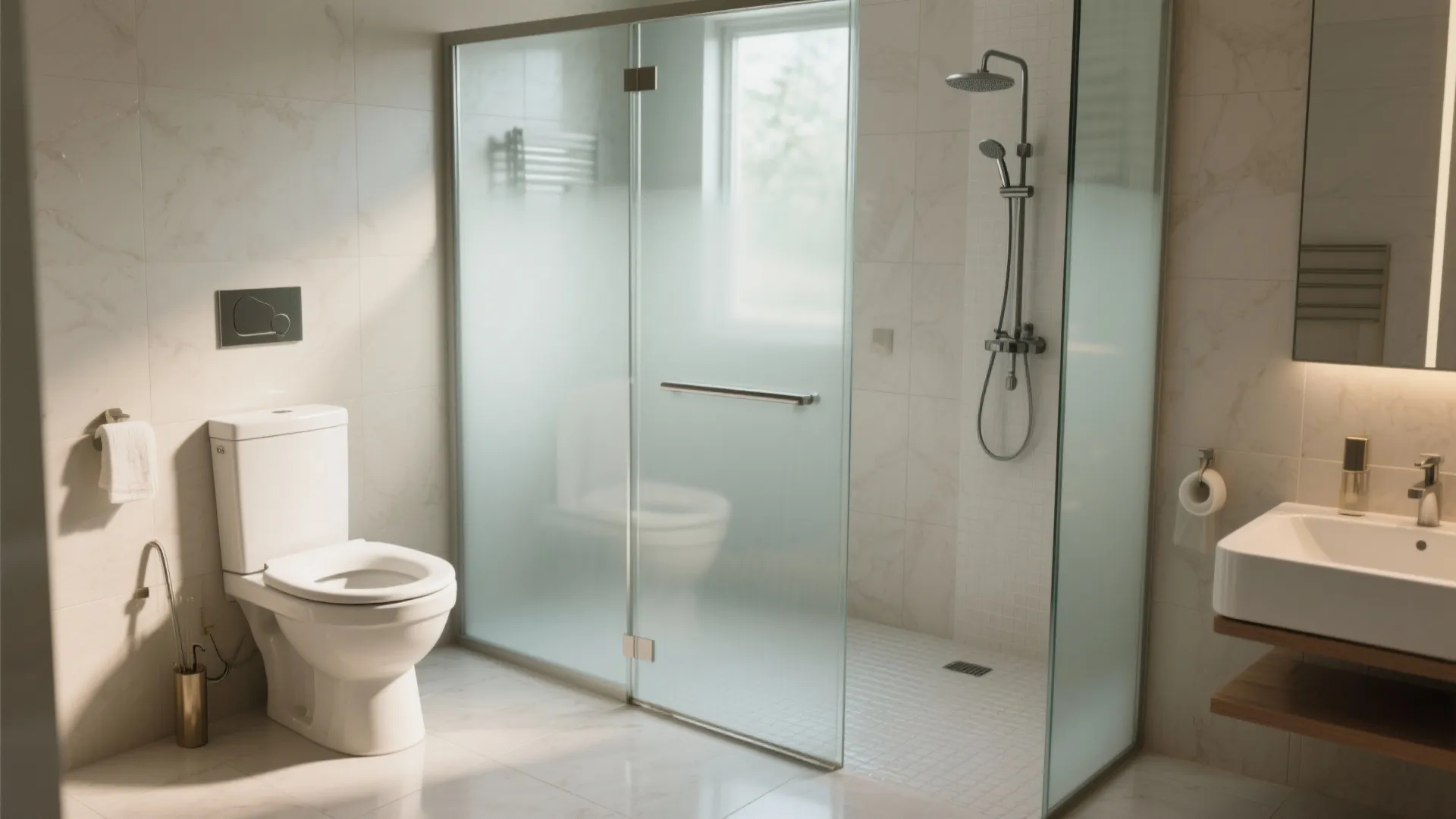 Modern bathroom with white toilet frosted glass shower door sink and silver shower head fixture