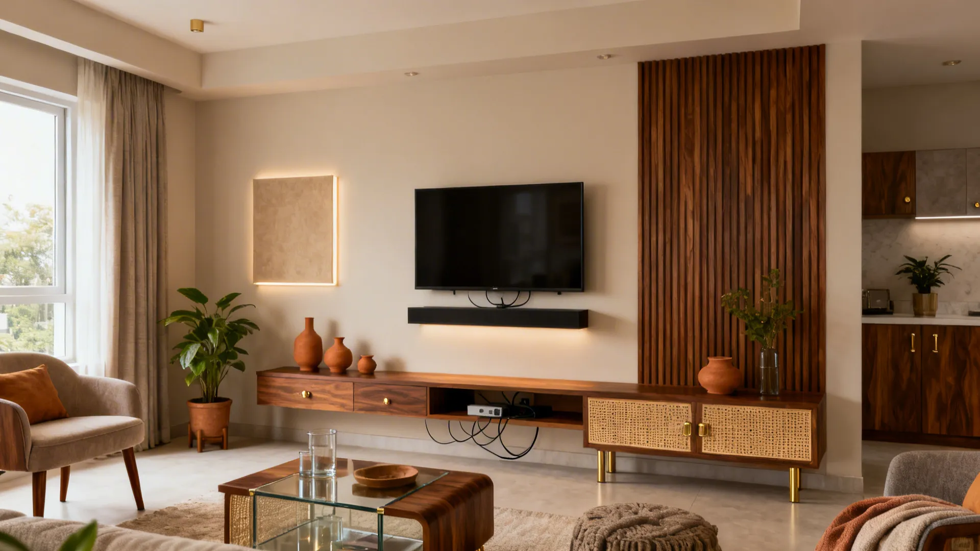Modern living room with wall panel wood cabinet television plants sofa and warm indoor lighting