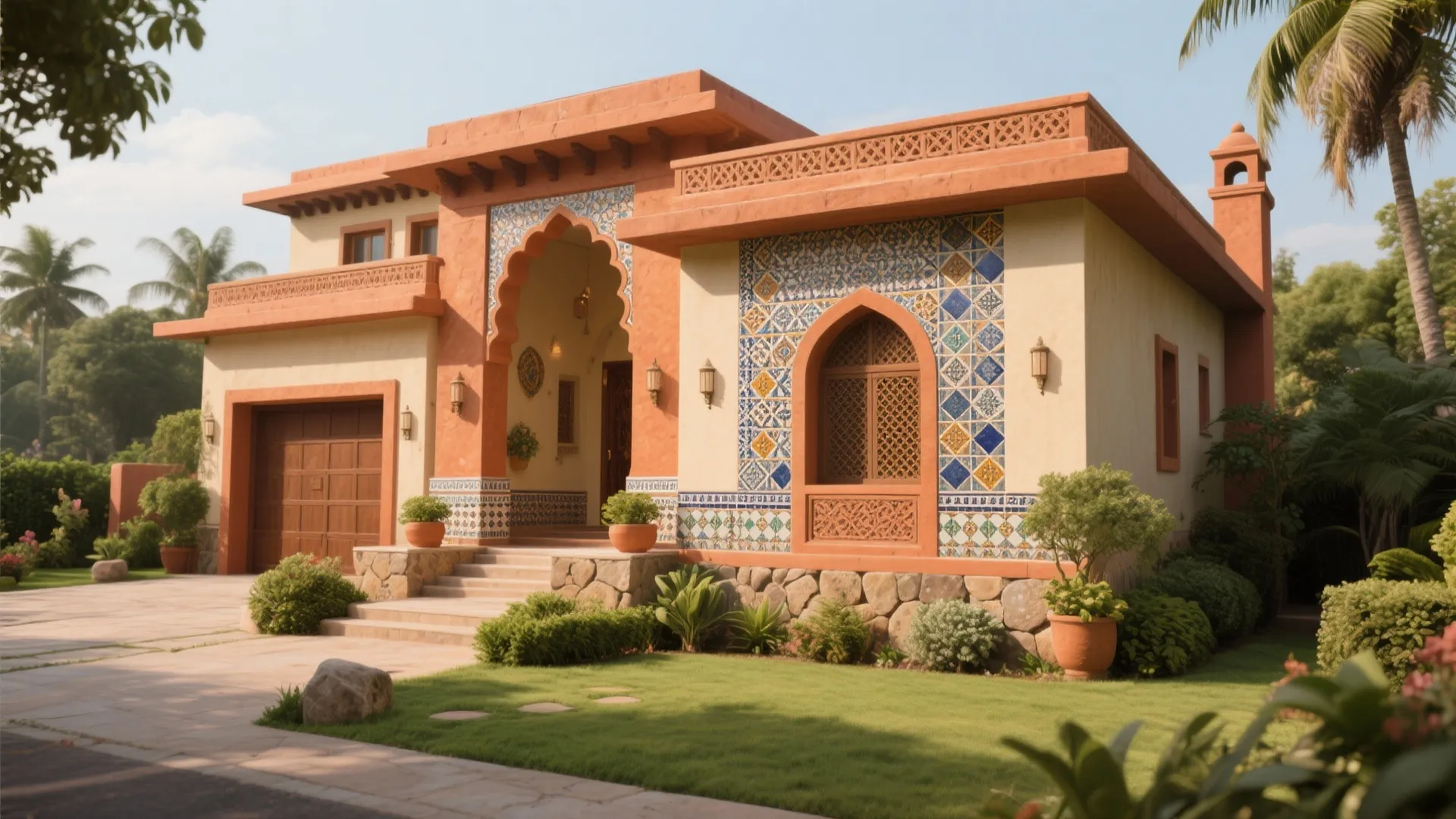 Traditional house exterior with orange walls decorative mosaic tiles arched entrance green lawn and palms