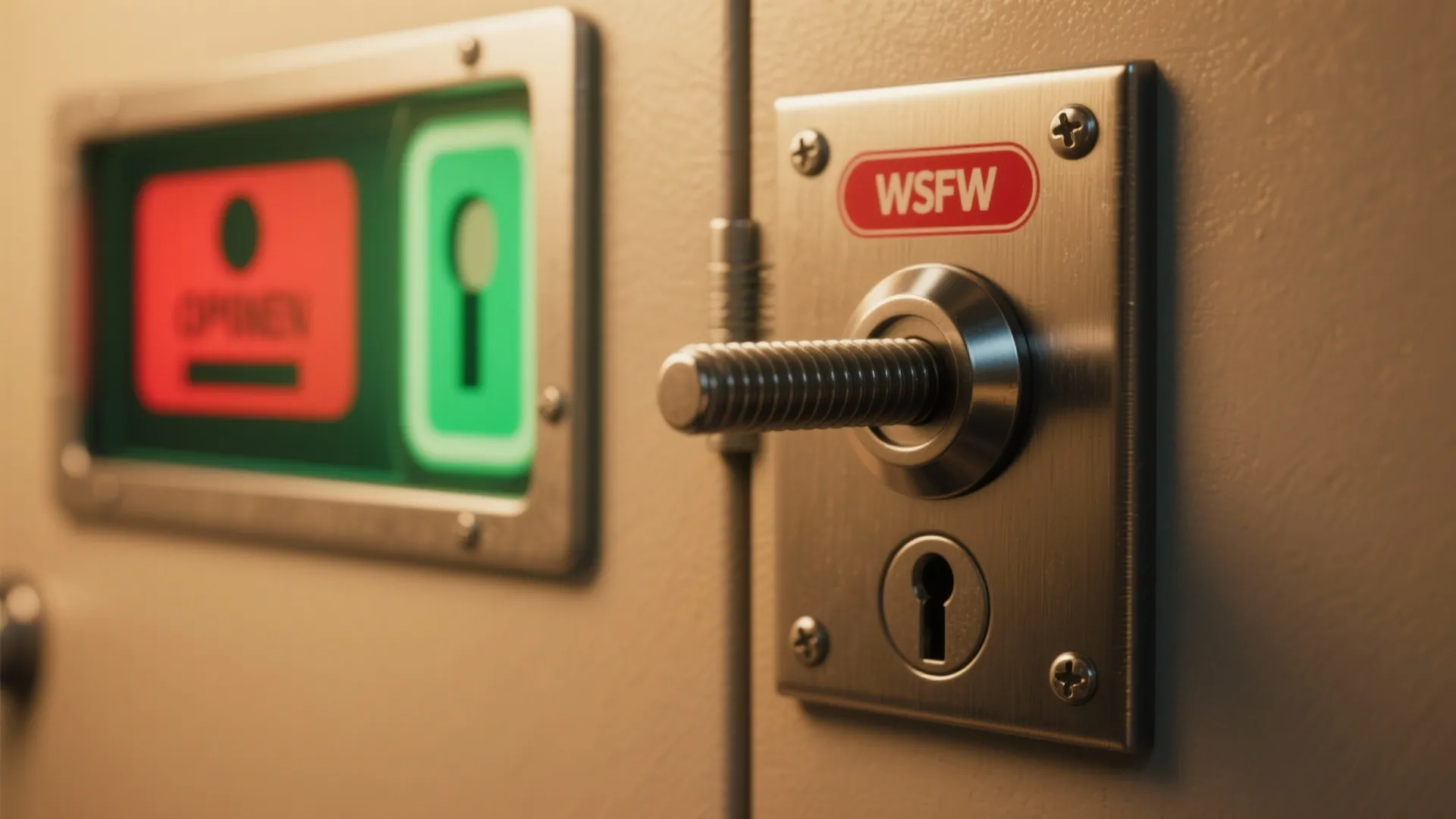 Indicator bolt lock with red/green window and emergency release on a stall door