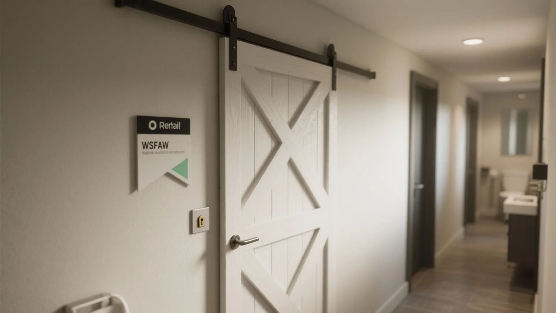 Barn door in a rental bathroom with a sliding privacy indicator lock and compact handle